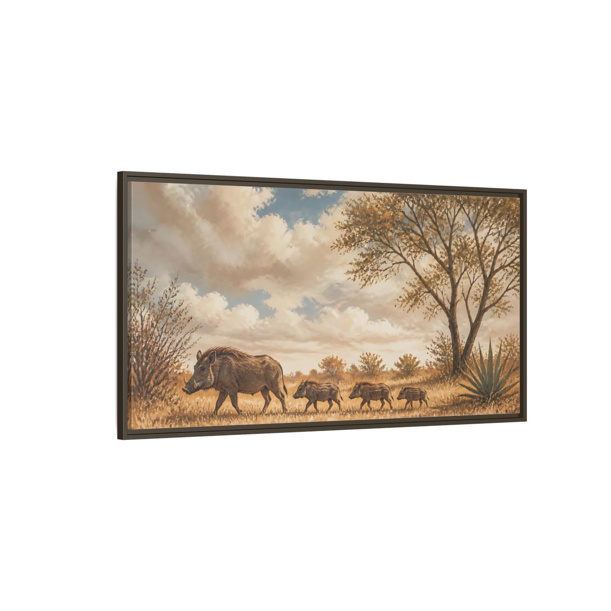 Side Mockup 4. Savanna Warthog Family shown as framed canvas print