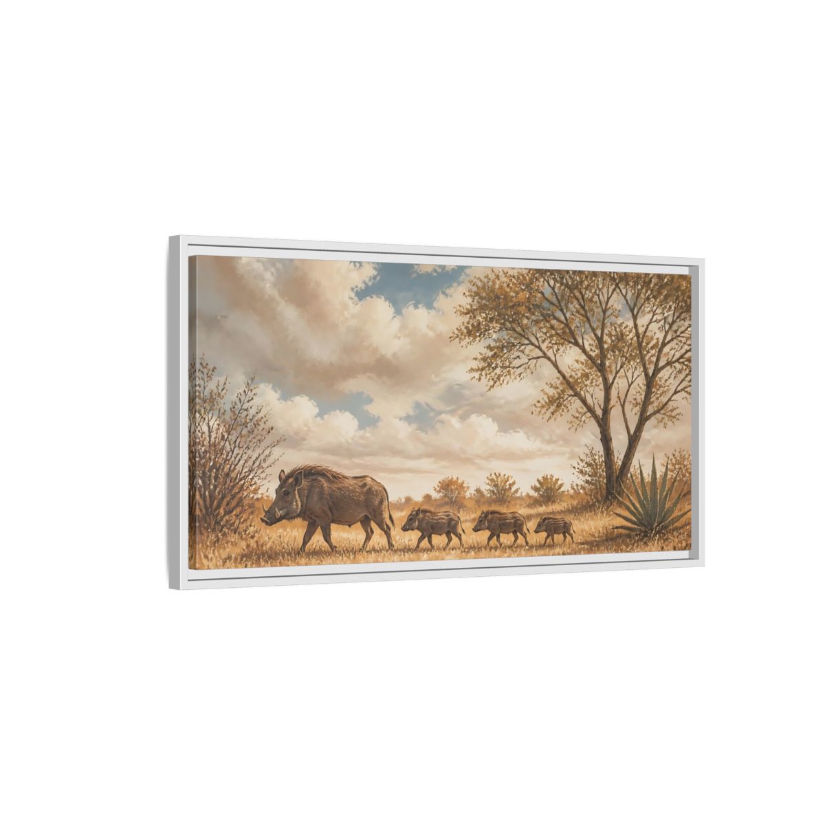 Side Mockup 1. Savanna Warthog Family shown as framed canvas print