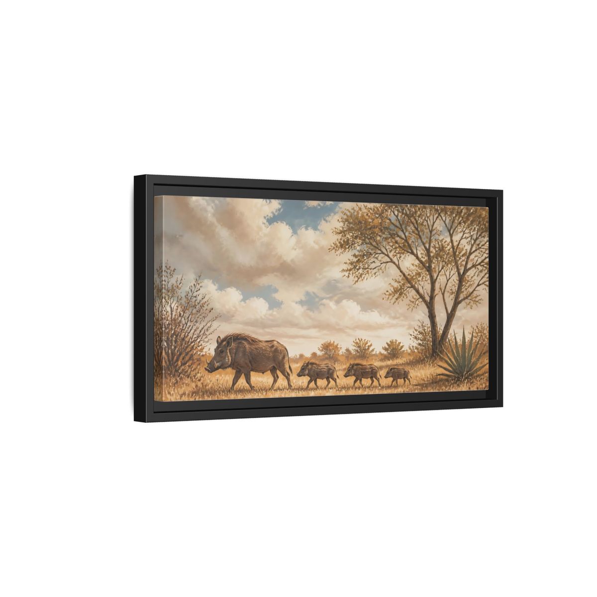 Side Mockup 8. Savanna Warthog Family shown as framed canvas print