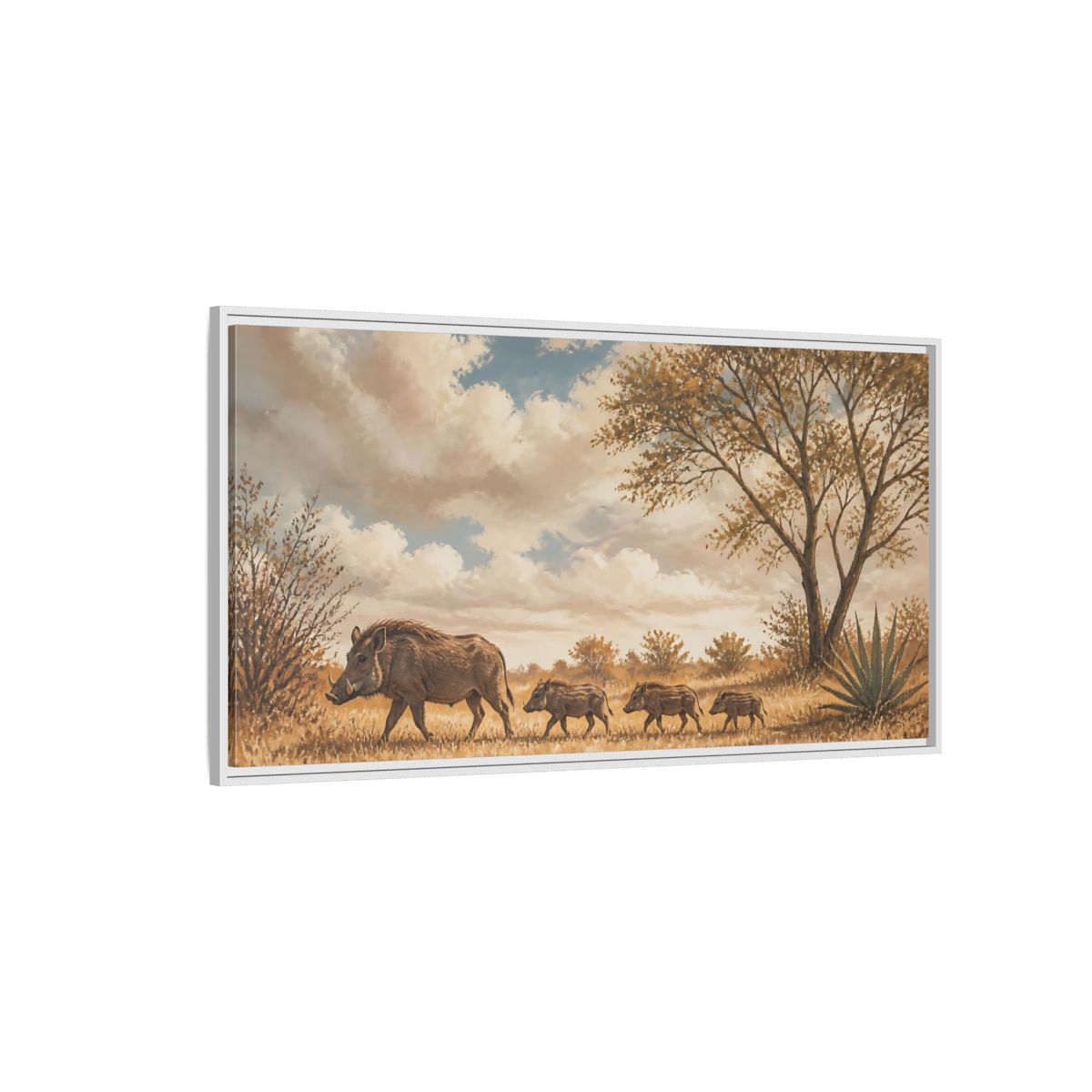 Side Mockup 3. Savanna Warthog Family shown as framed canvas print