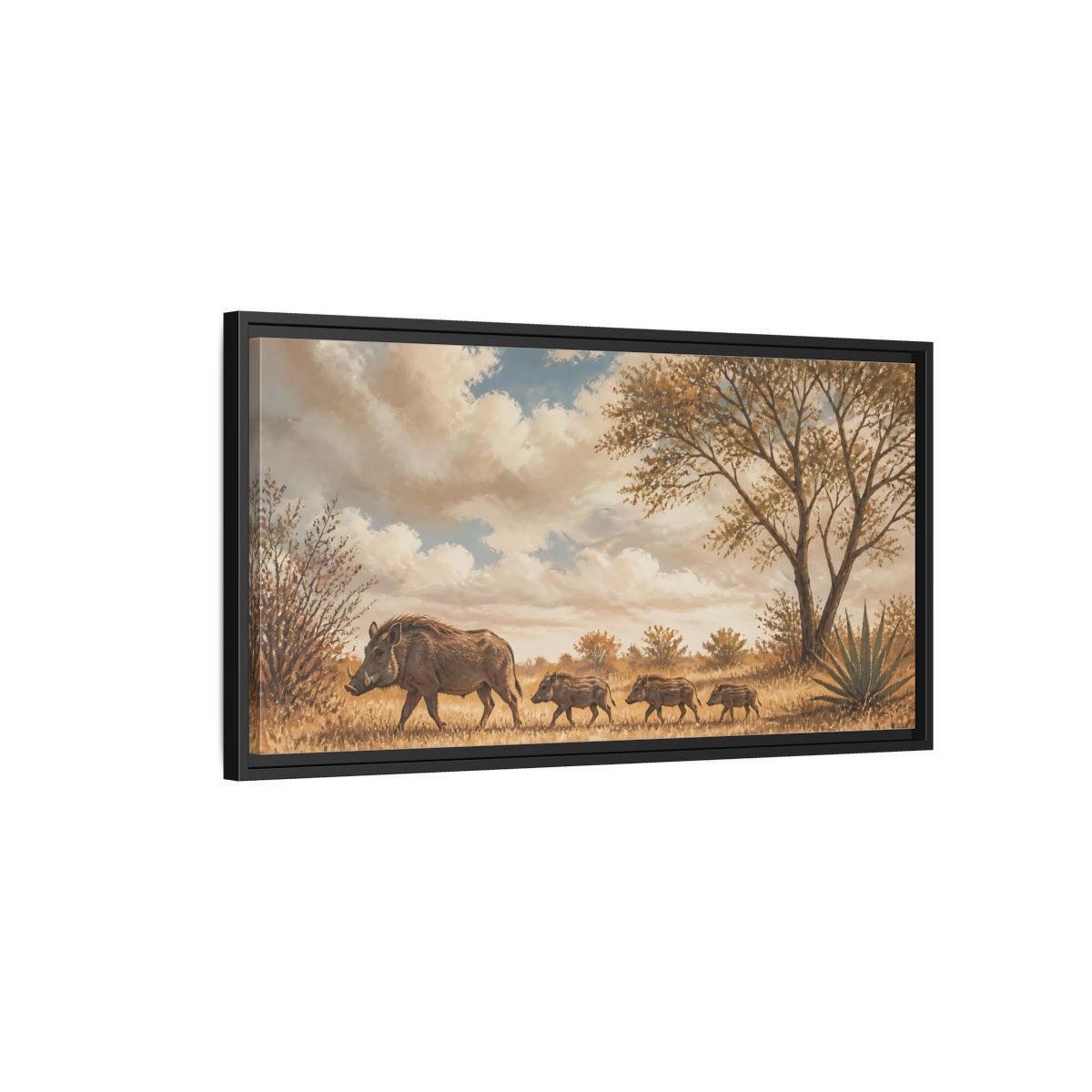 Side Mockup 2. Savanna Warthog Family shown as framed canvas print