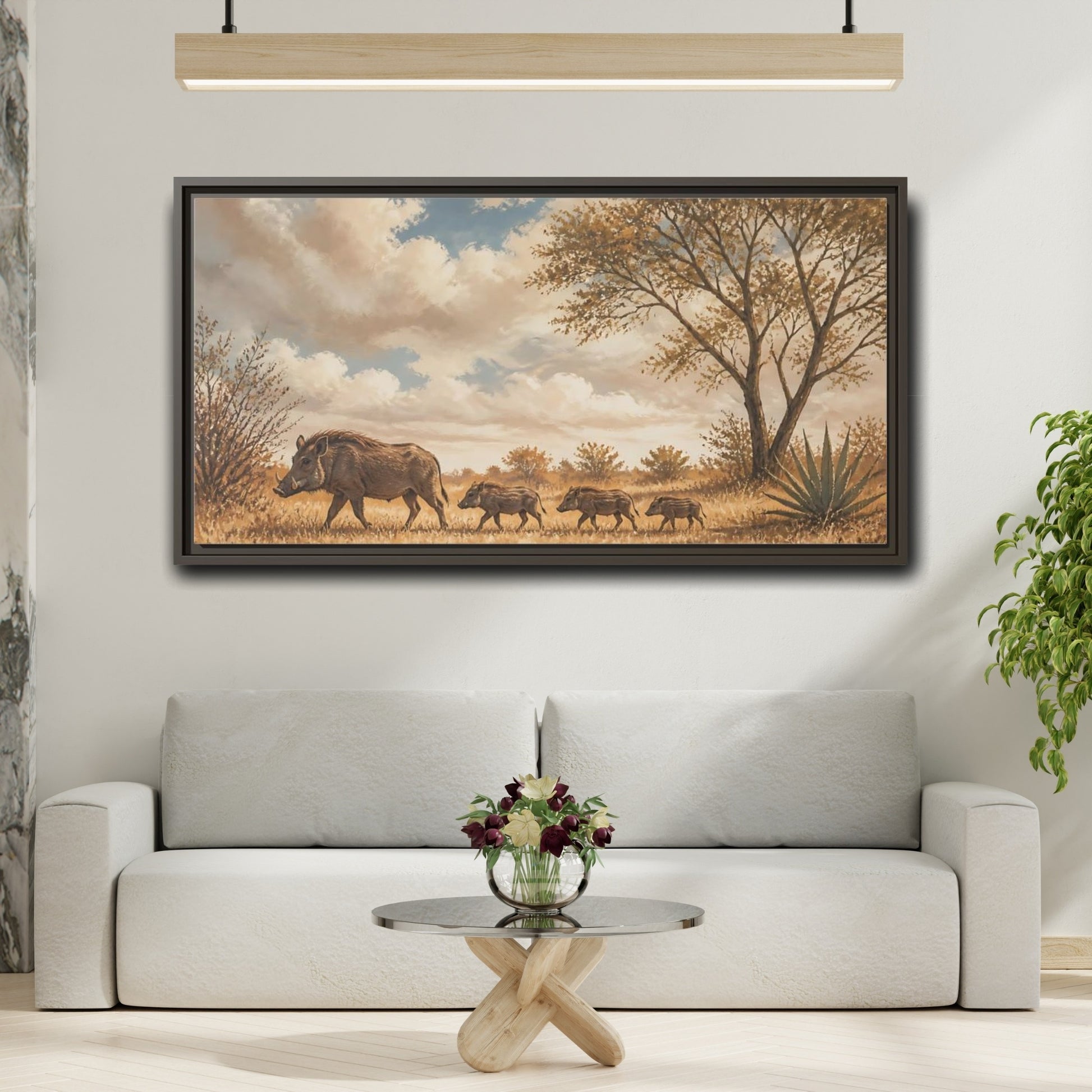 Mockup 2. Savanna Warthog Family shown as framed canvas print