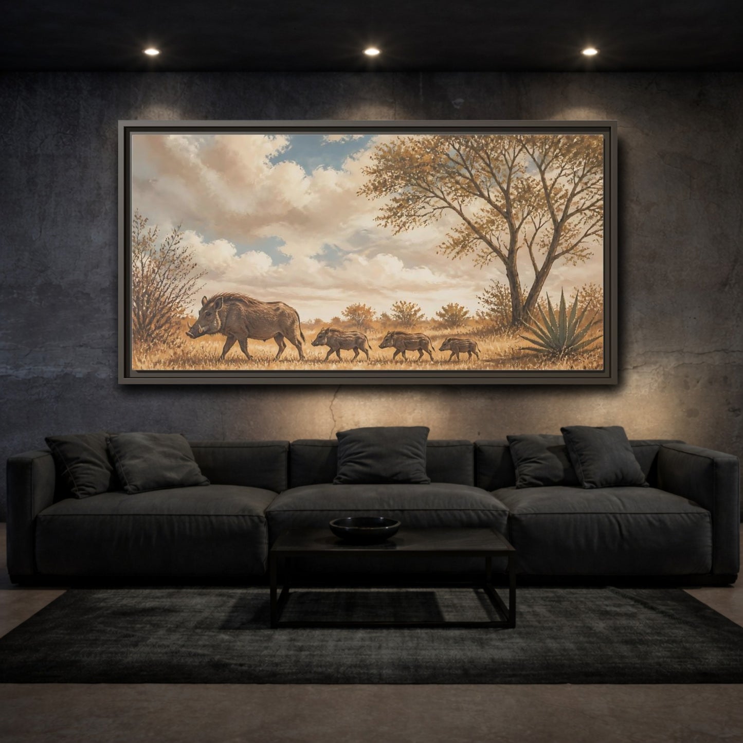 Mockup 3. Savanna Warthog Family shown as framed canvas print