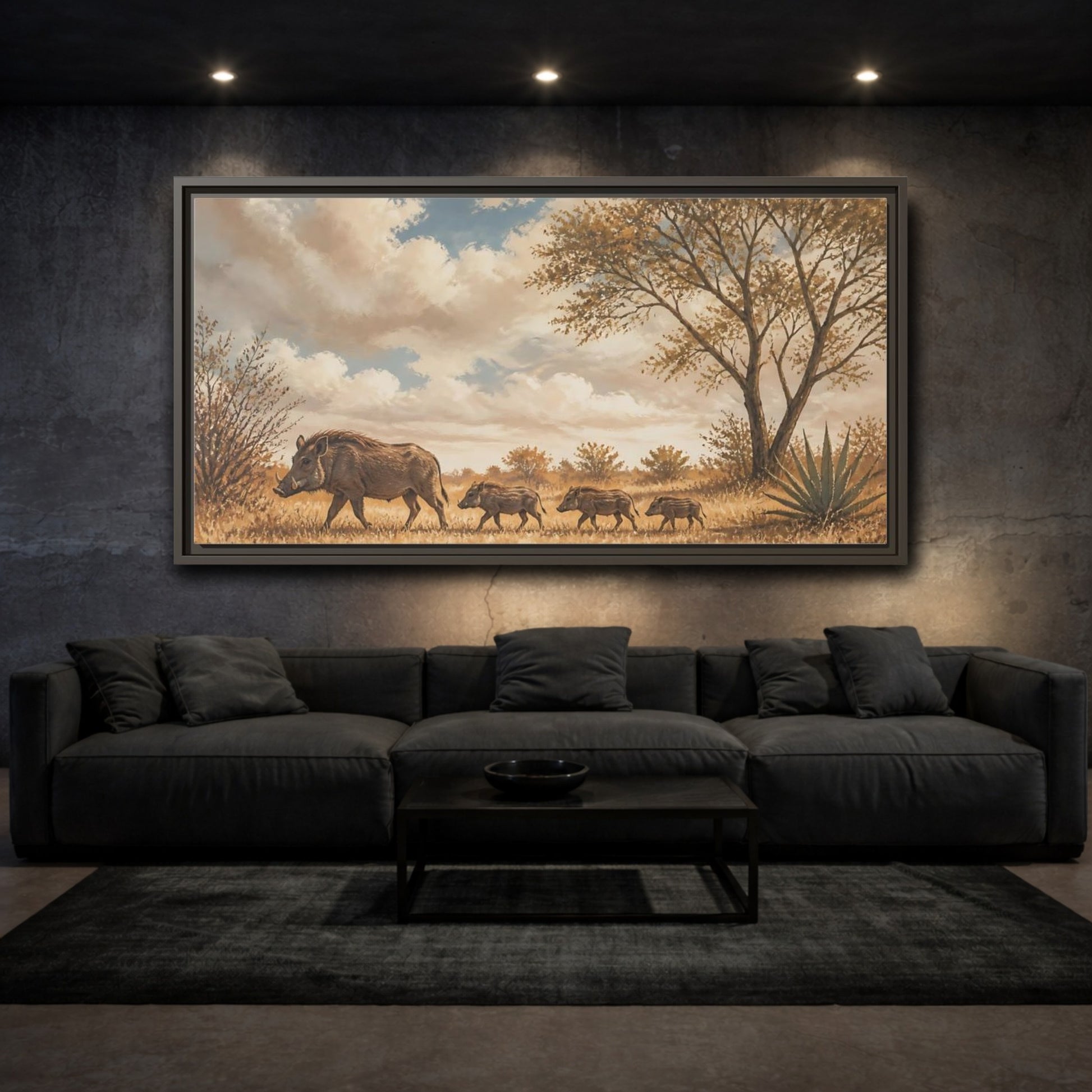 Mockup 3. Savanna Warthog Family shown as framed canvas print