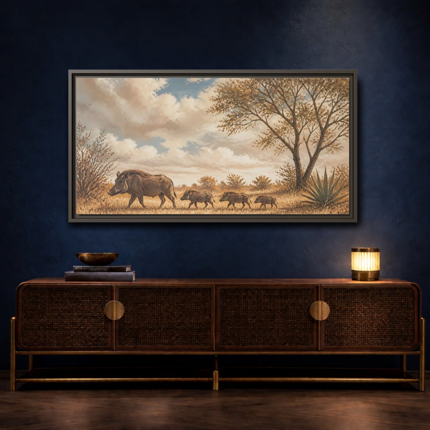 Mockup 4. Savanna Warthog Family shown as framed canvas print