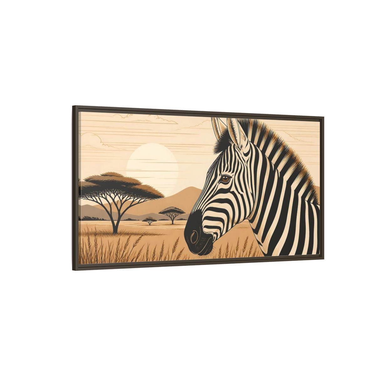 Side Mockup 4. Savanna Zebra Sunrise shown as framed canvas print