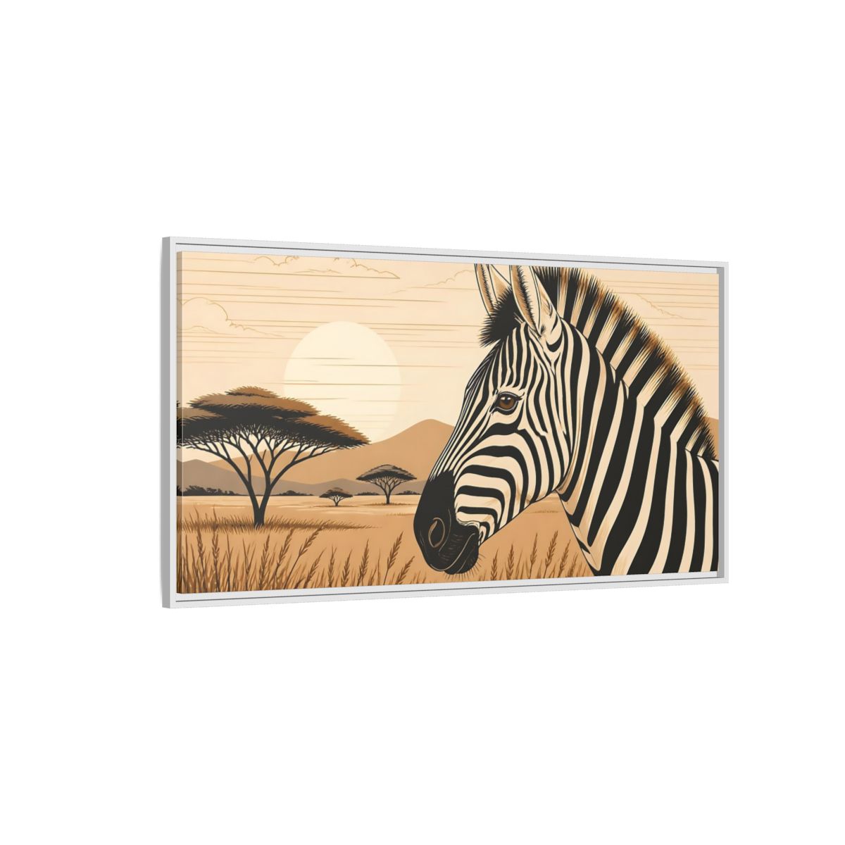 Side Mockup 3. Savanna Zebra Sunrise shown as framed canvas print
