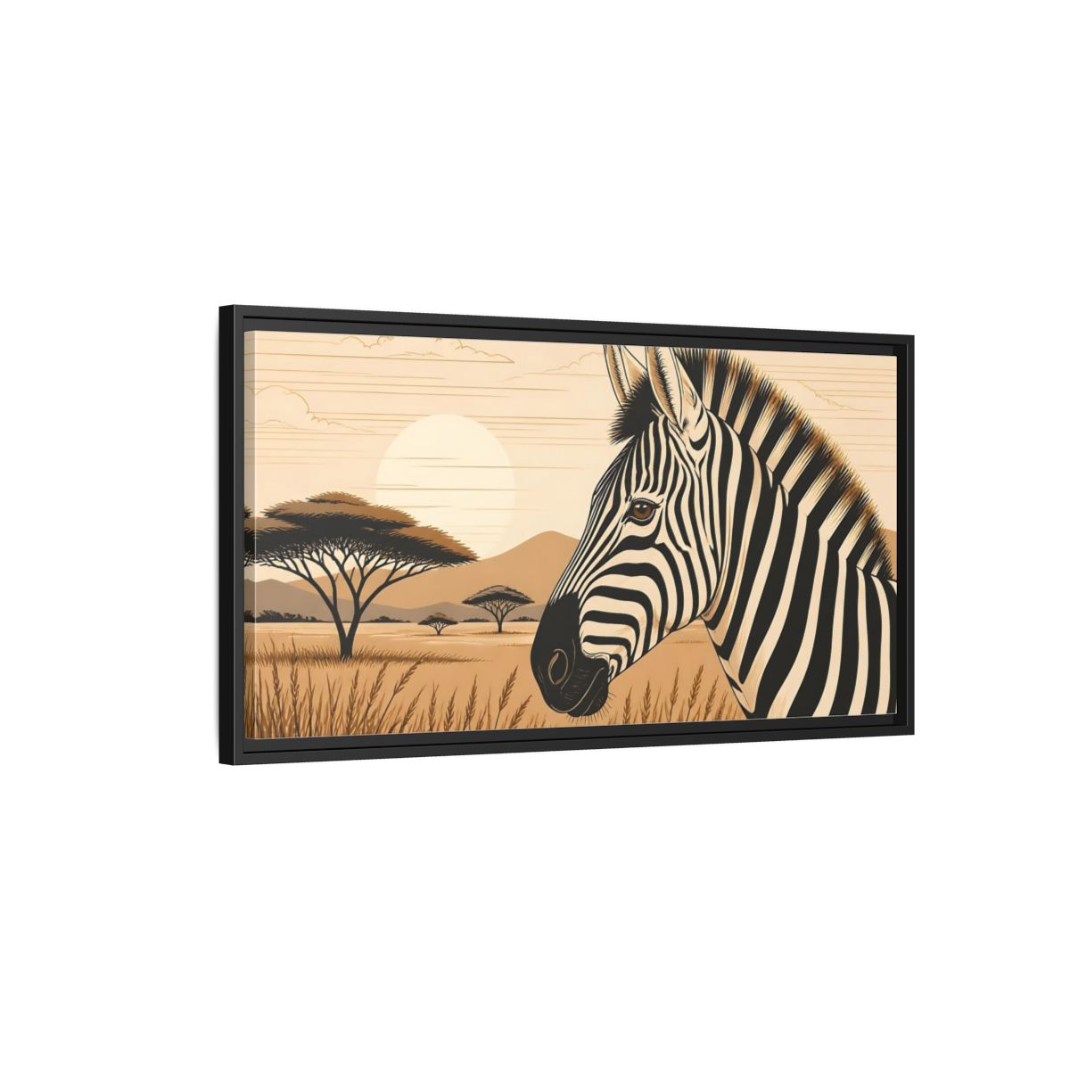 Side Mockup 2. Savanna Zebra Sunrise shown as framed canvas print