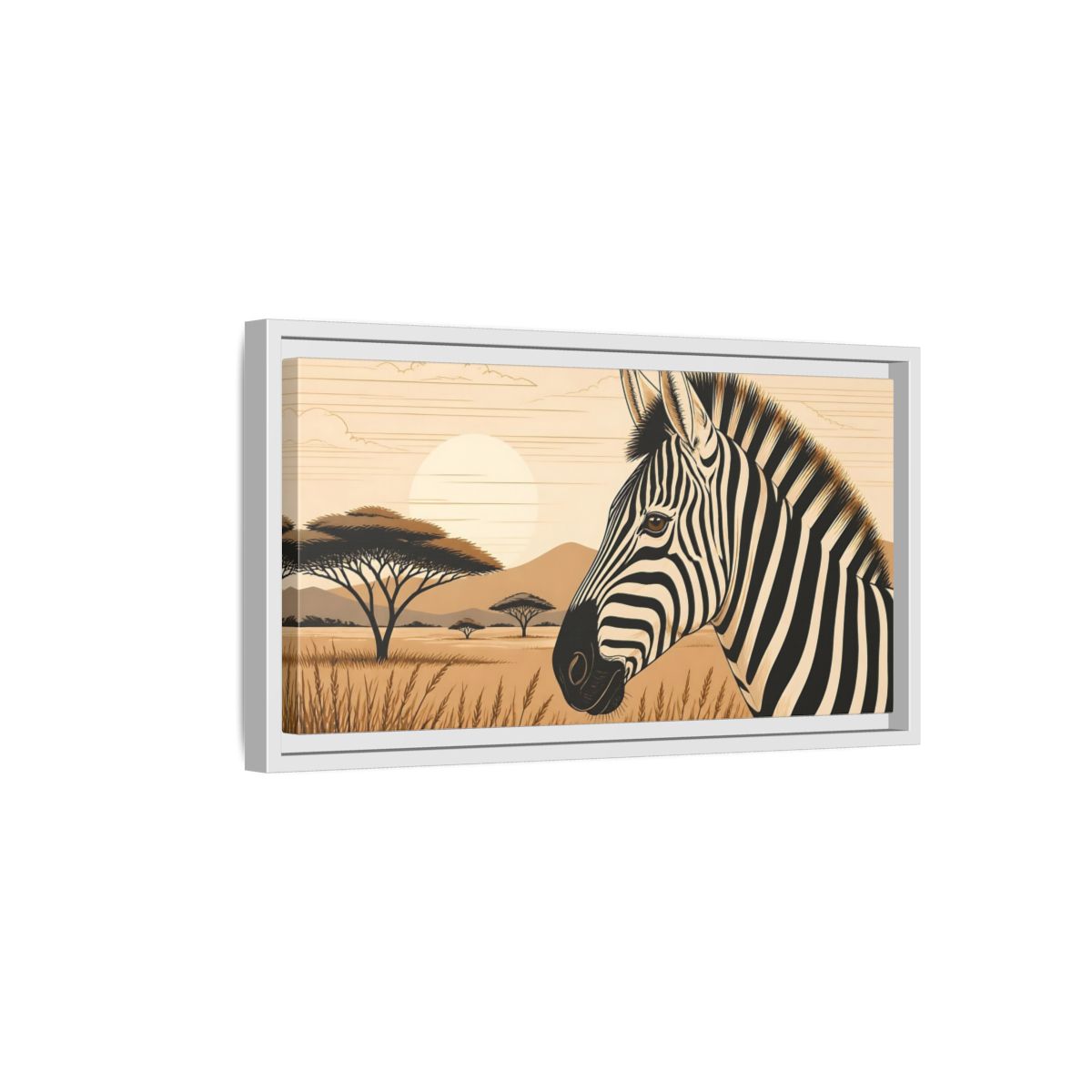 Side Mockup 6. Savanna Zebra Sunrise shown as framed canvas print