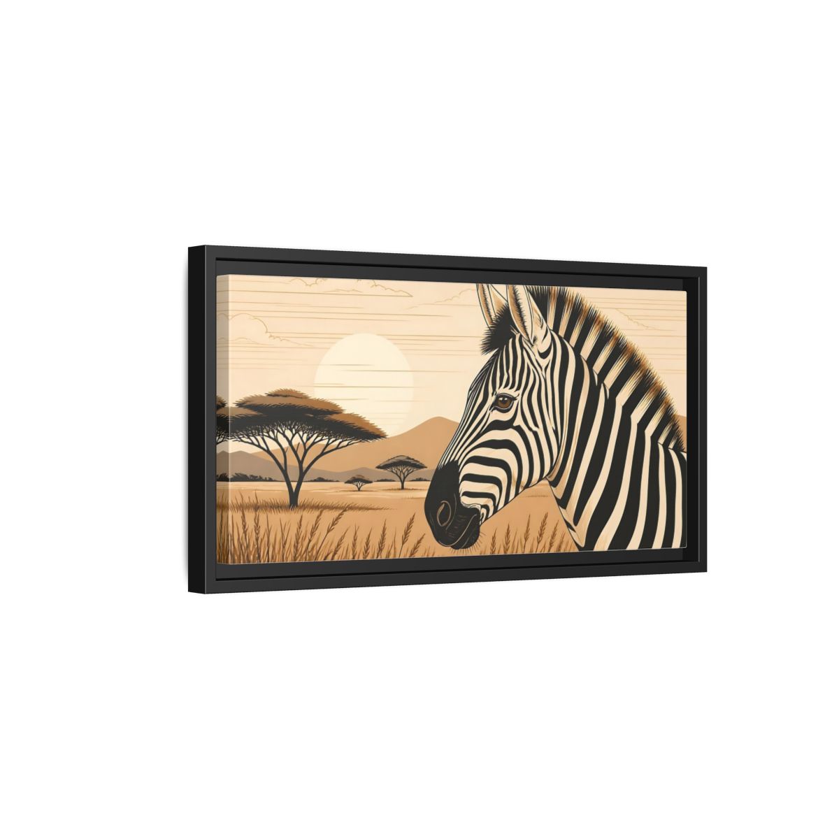 Side Mockup 8. Savanna Zebra Sunrise shown as framed canvas print
