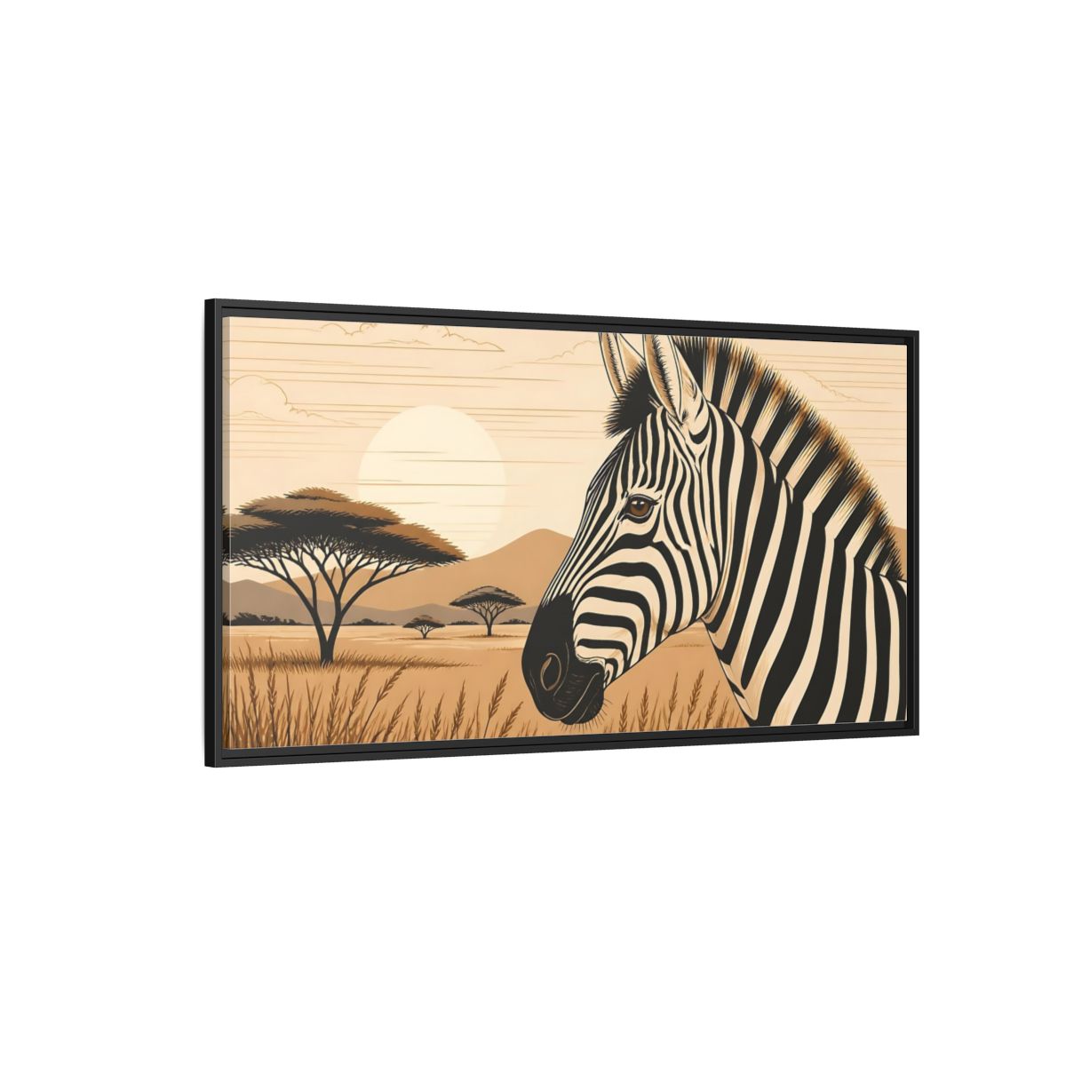 Side Mockup 5. Savanna Zebra Sunrise shown as framed canvas print
