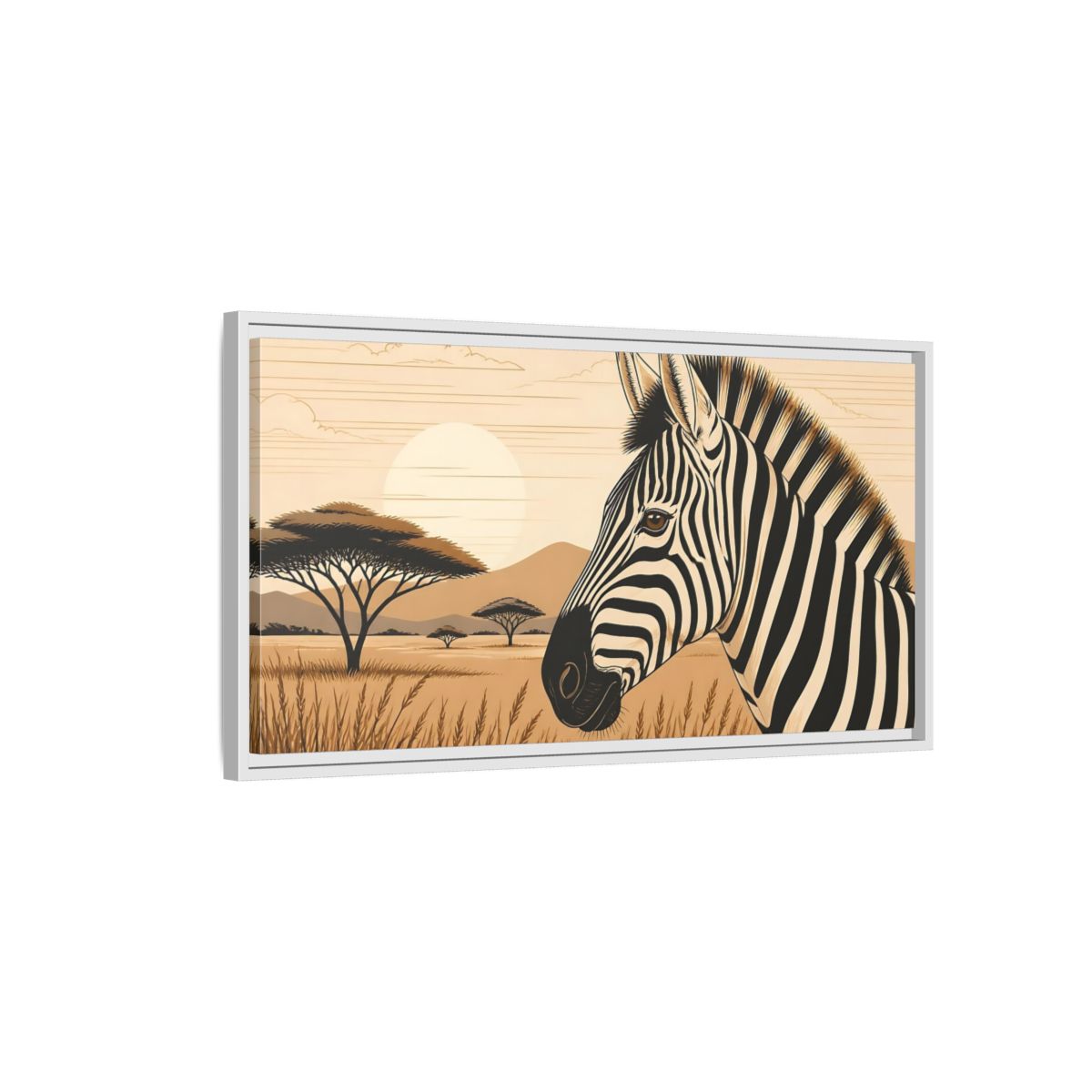 Side Mockup 1. Savanna Zebra Sunrise shown as framed canvas print