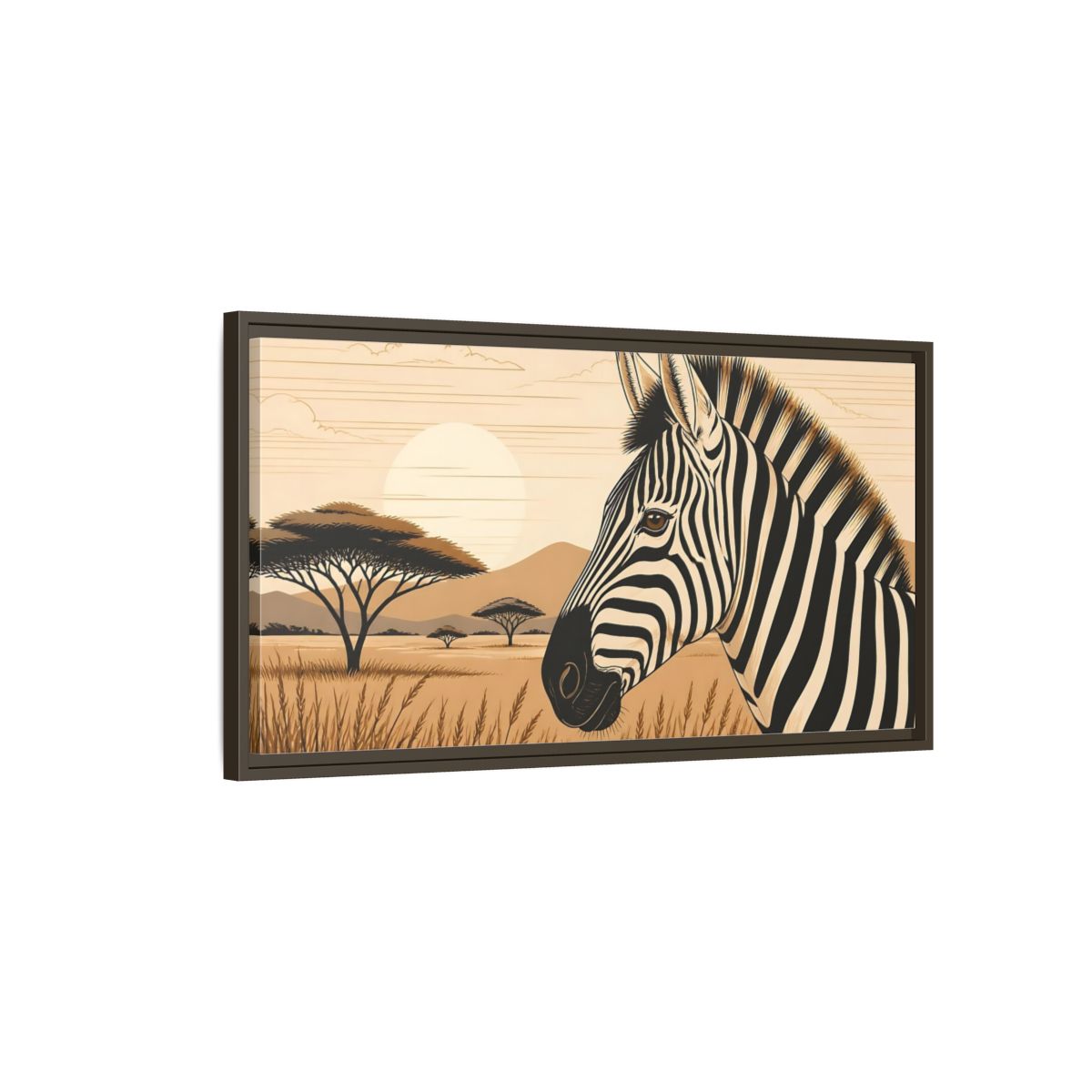 Main Mockup. Savanna Zebra Sunrise shown as framed canvas print