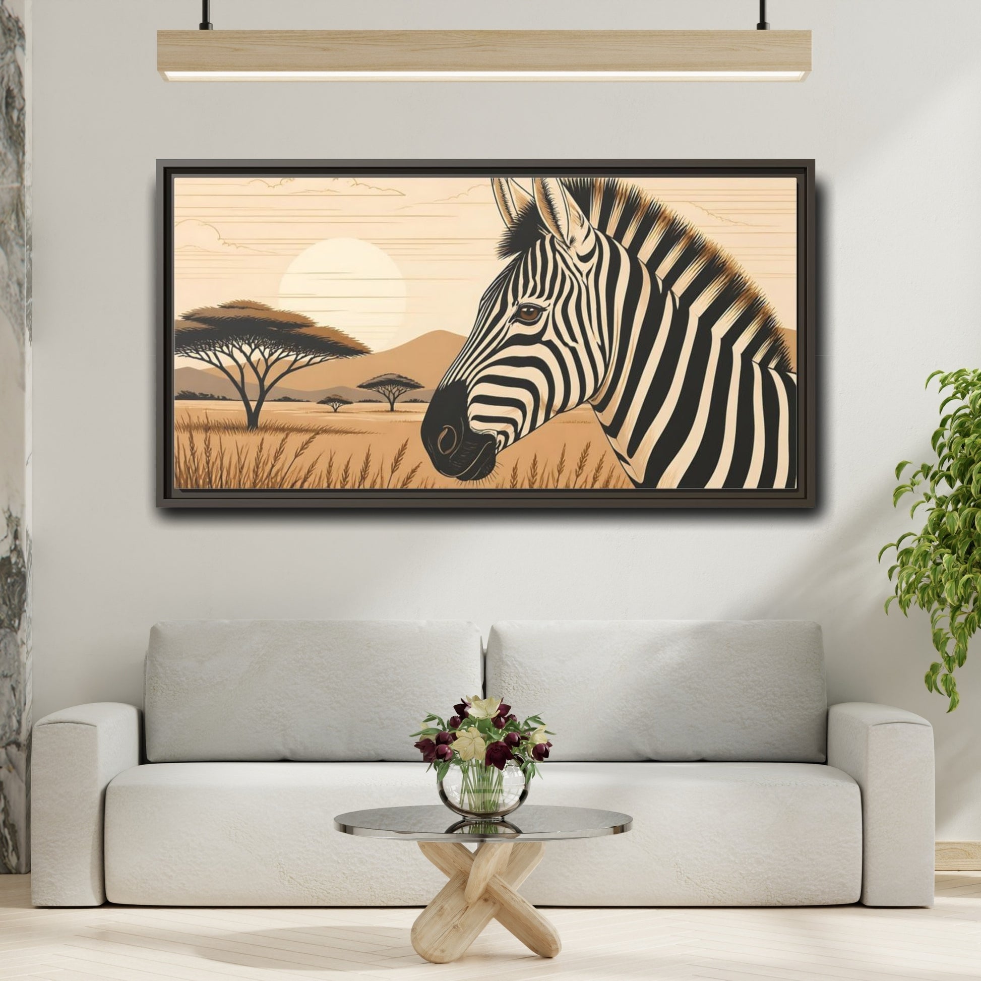 Mockup 2. Savanna Zebra Sunrise shown as framed canvas print