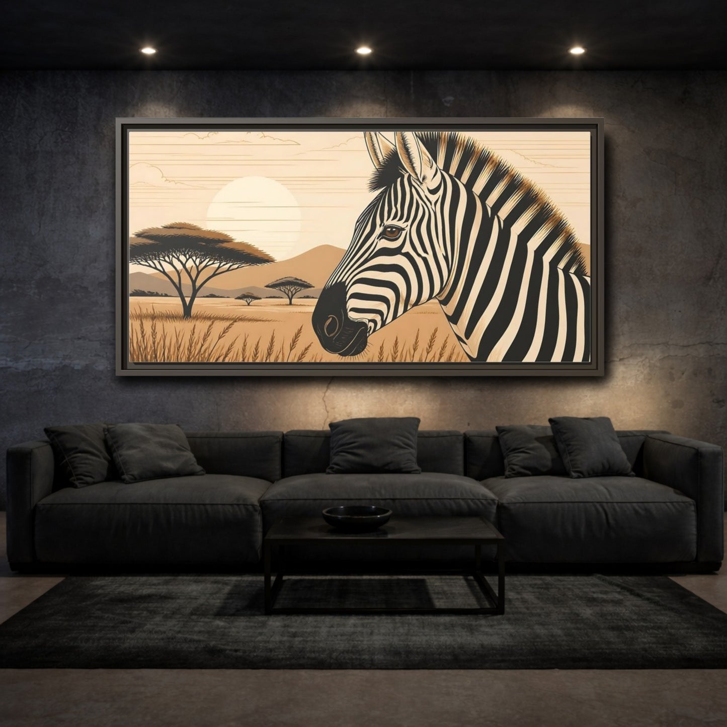 Mockup 3. Savanna Zebra Sunrise shown as framed canvas print