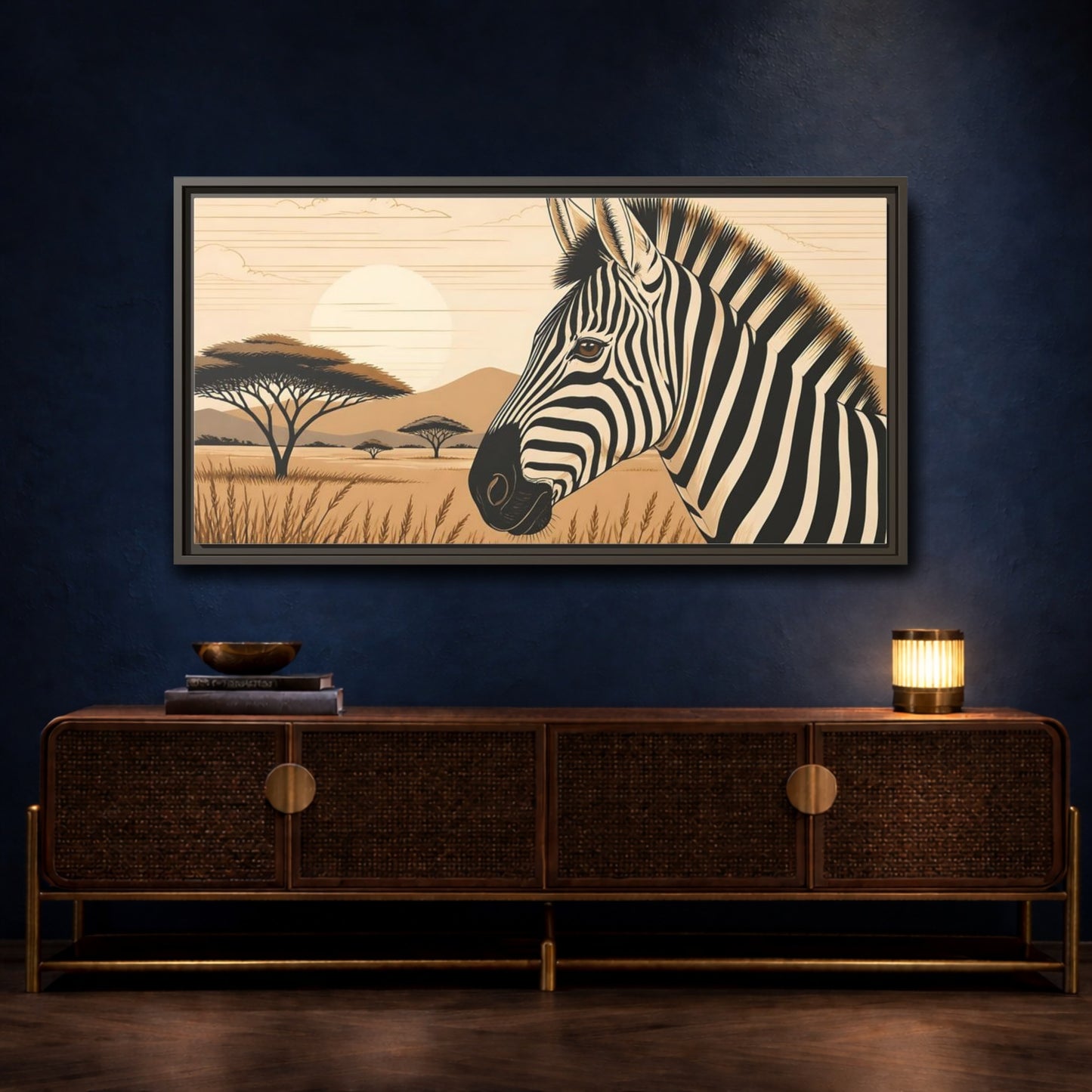 Mockup 4. Savanna Zebra Sunrise shown as framed canvas print