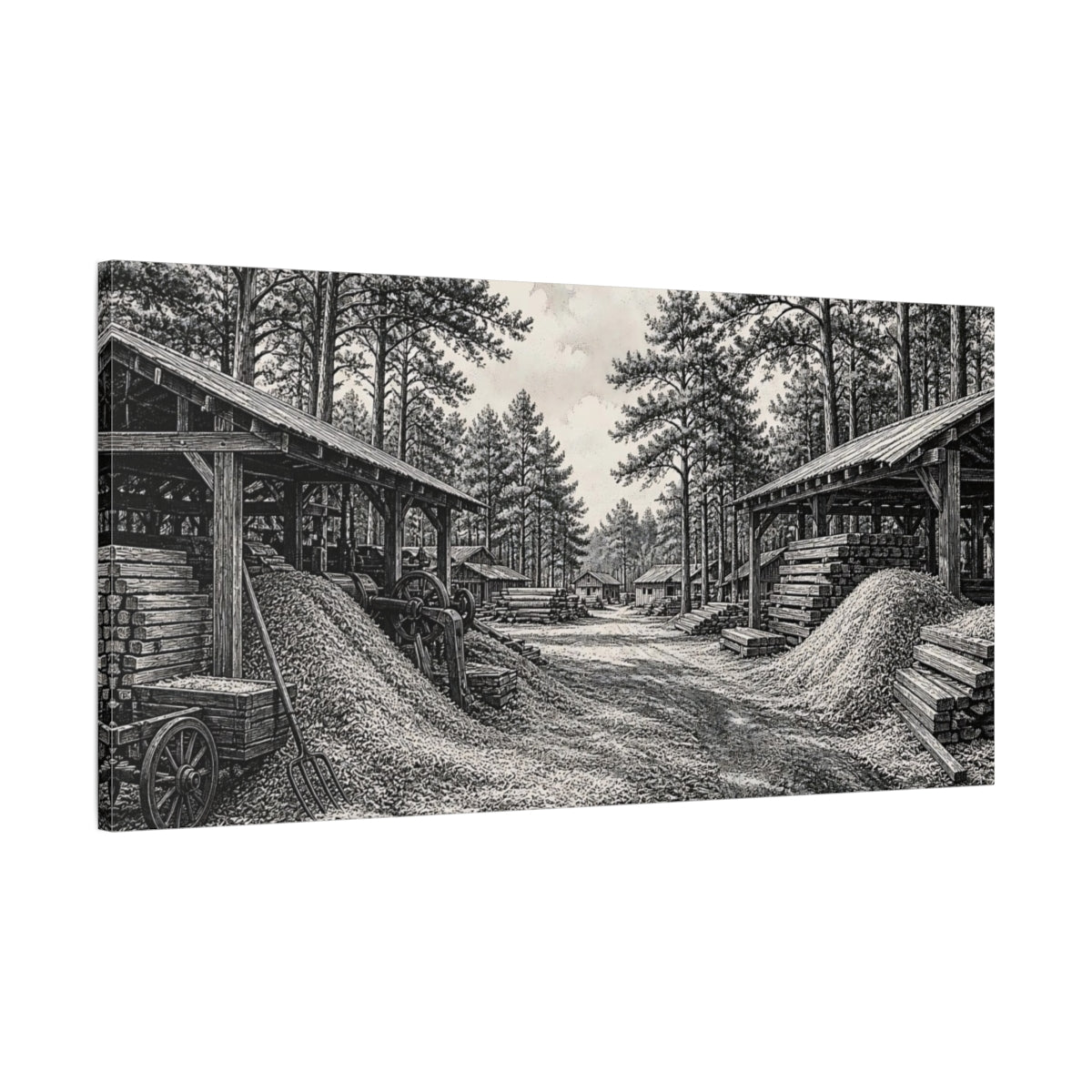 Main Mockup. Sawmill Among Tall Pines shown as canvas print