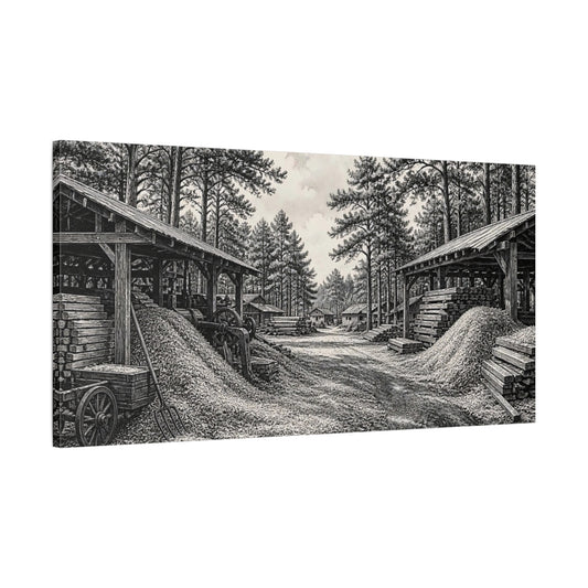 Main Mockup. Sawmill Among Tall Pines shown as canvas print