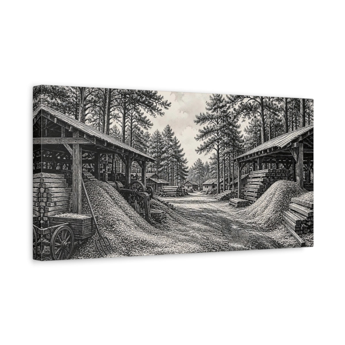 Side Mockup 3. Sawmill Among Tall Pines shown as canvas print