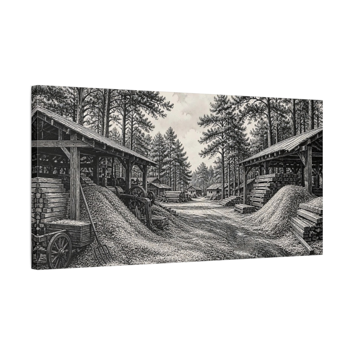 Side Mockup 1. Sawmill Among Tall Pines shown as canvas print
