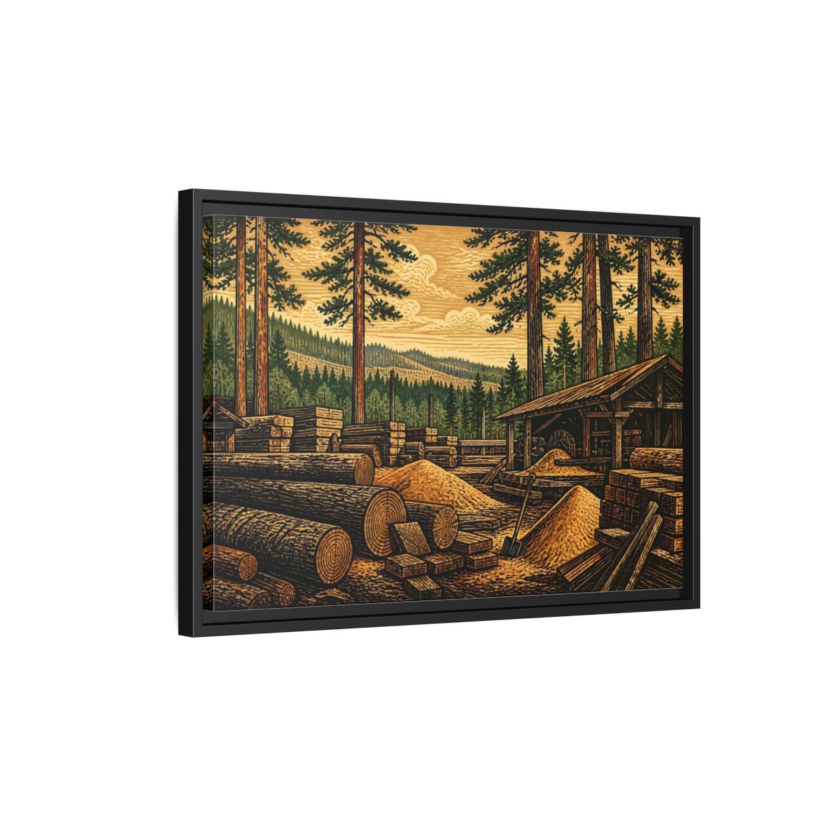 Side Mockup 3. Sawmill Among Tall Pines shown as framed canvas print