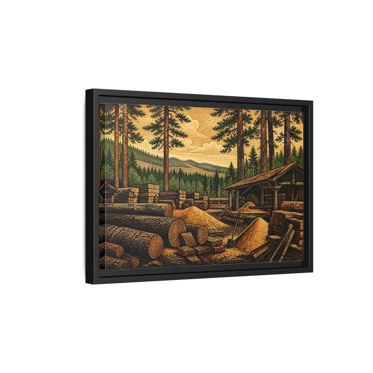 Side Mockup 6. Sawmill Among Tall Pines shown as framed canvas print