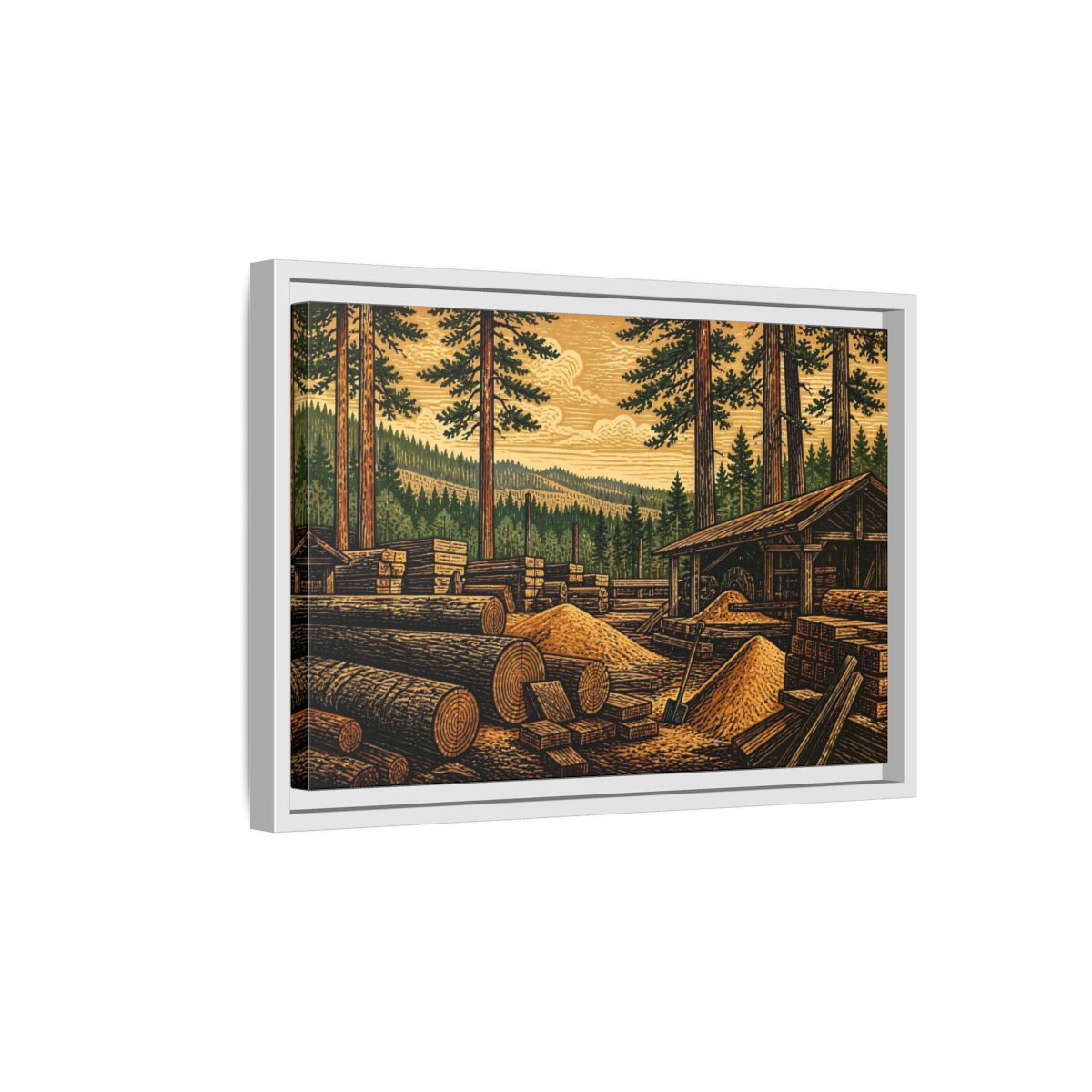 Side Mockup 4. Sawmill Among Tall Pines shown as framed canvas print