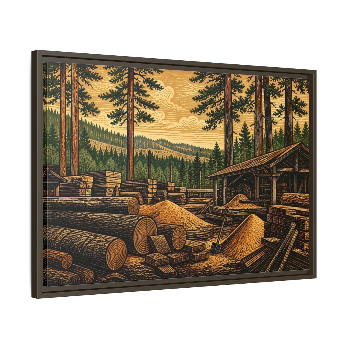 Side Mockup 11. Sawmill Among Tall Pines shown as framed canvas print