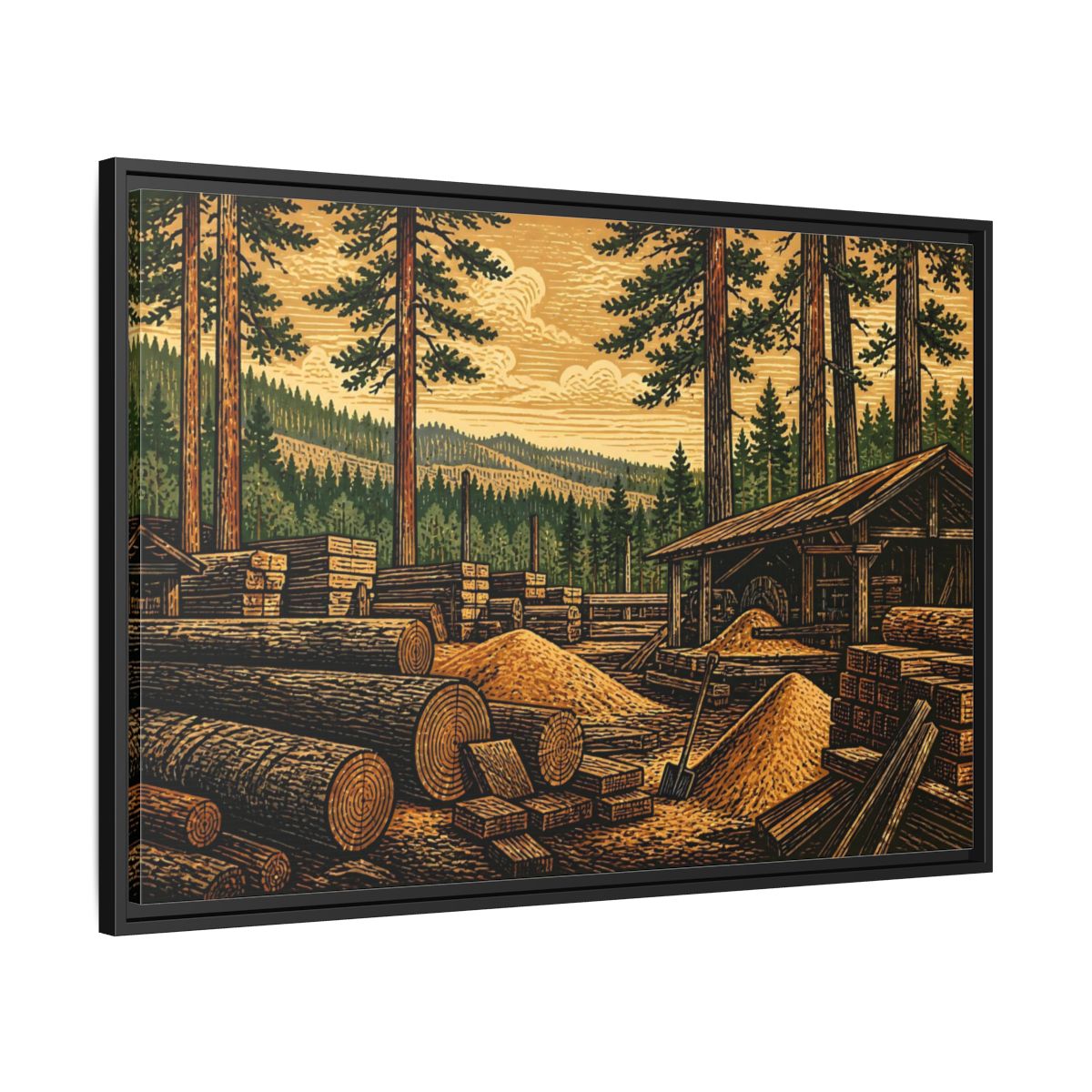 Side Mockup 13. Sawmill Among Tall Pines shown as framed canvas print