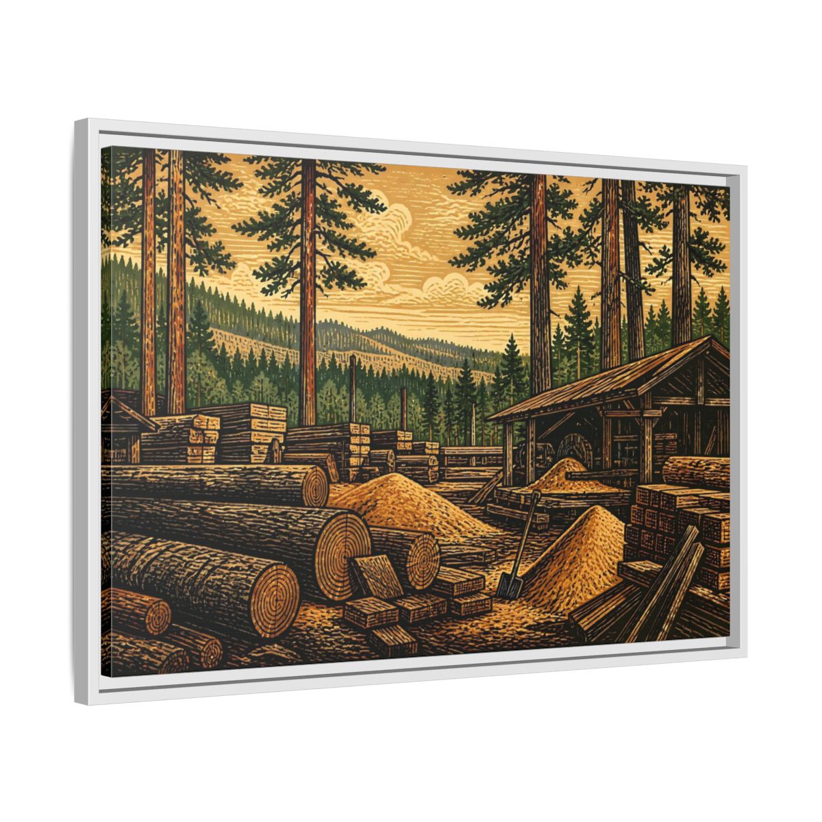 Side Mockup 10. Sawmill Among Tall Pines shown as framed canvas print