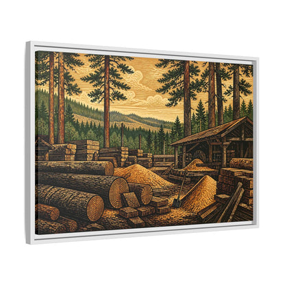 Side Mockup 10. Sawmill Among Tall Pines shown as framed canvas print