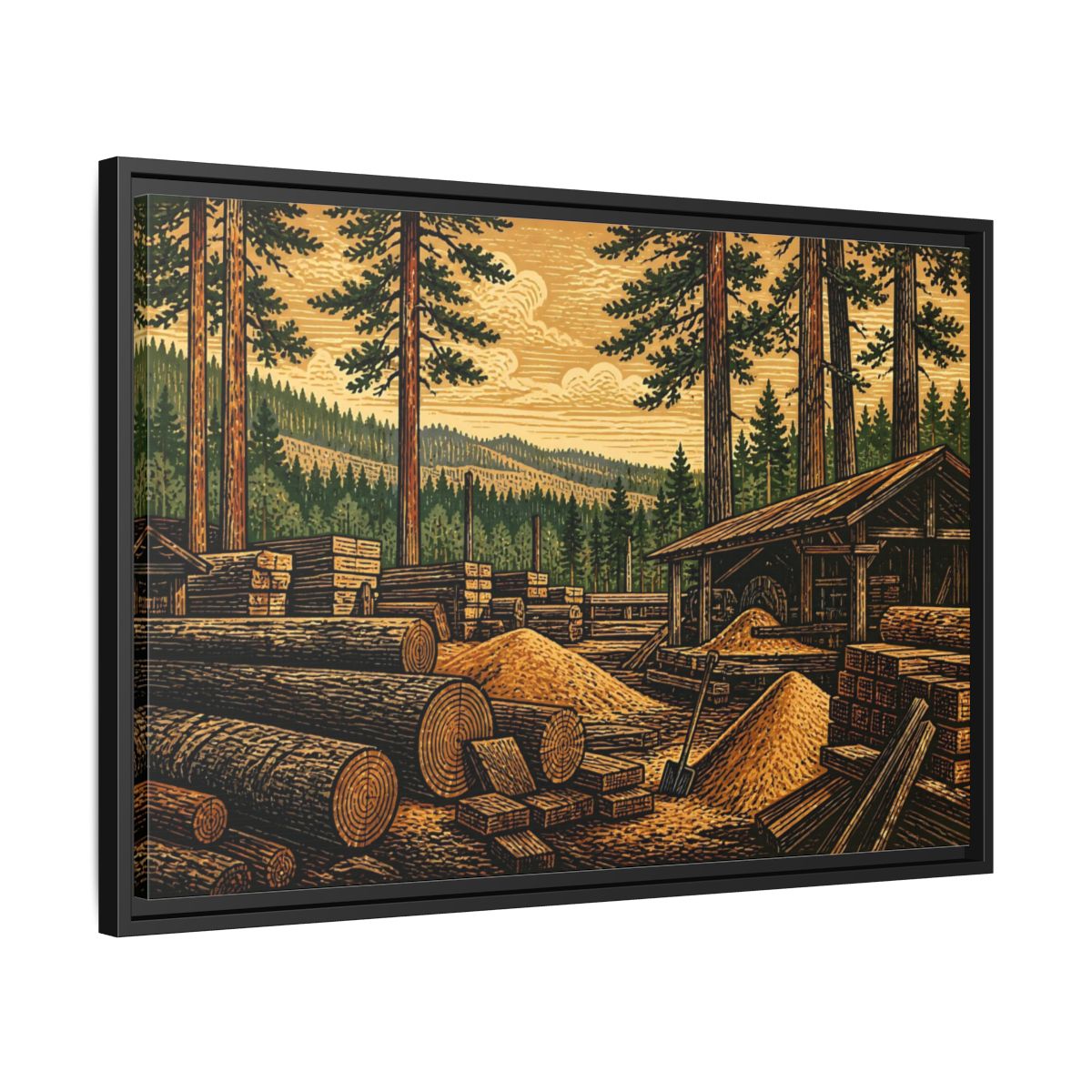 Side Mockup 14. Sawmill Among Tall Pines shown as framed canvas print