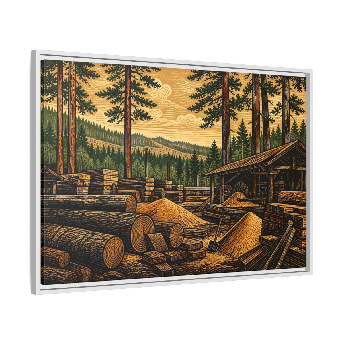 Side Mockup 9. Sawmill Among Tall Pines shown as framed canvas print