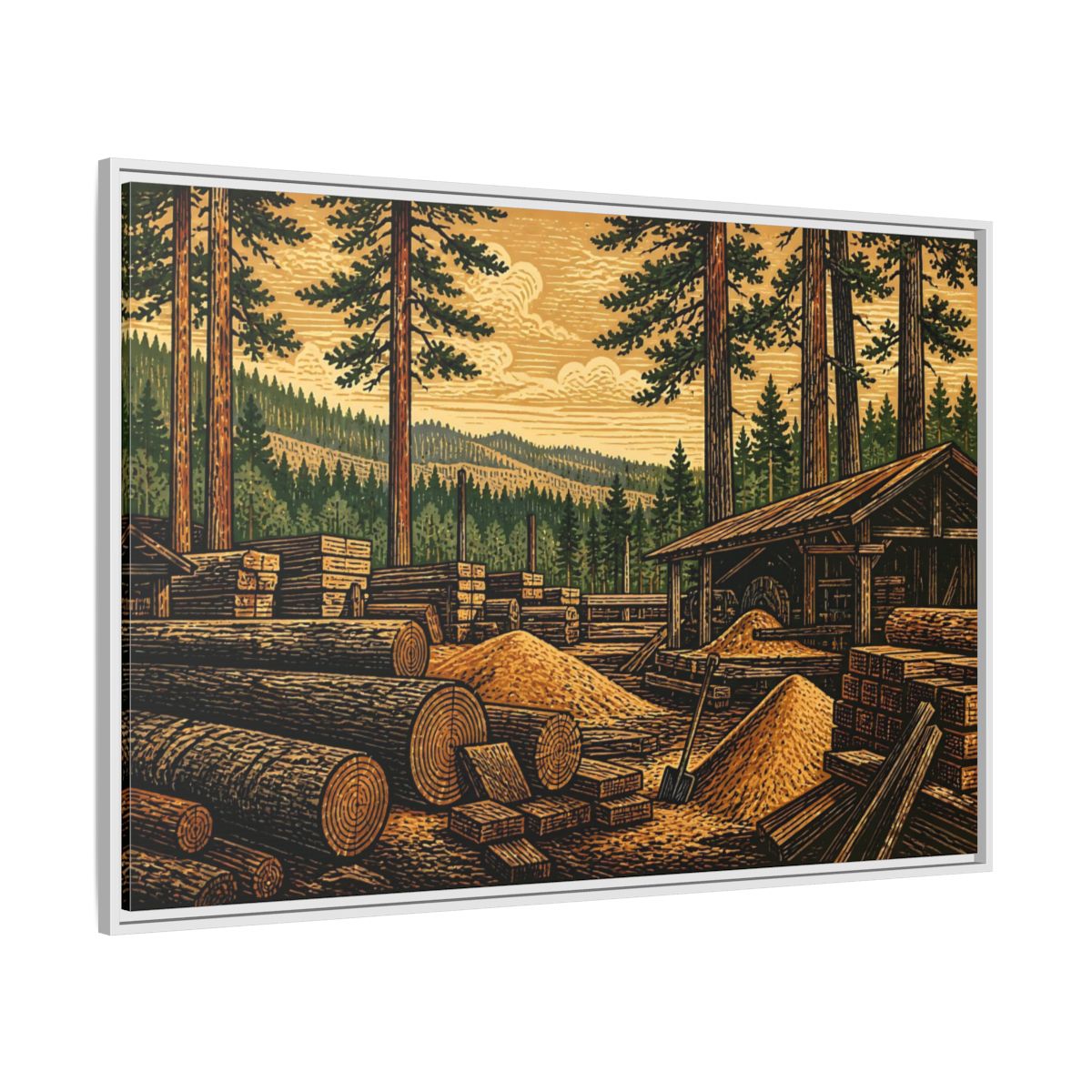Side Mockup 7. Sawmill Among Tall Pines shown as framed canvas print
