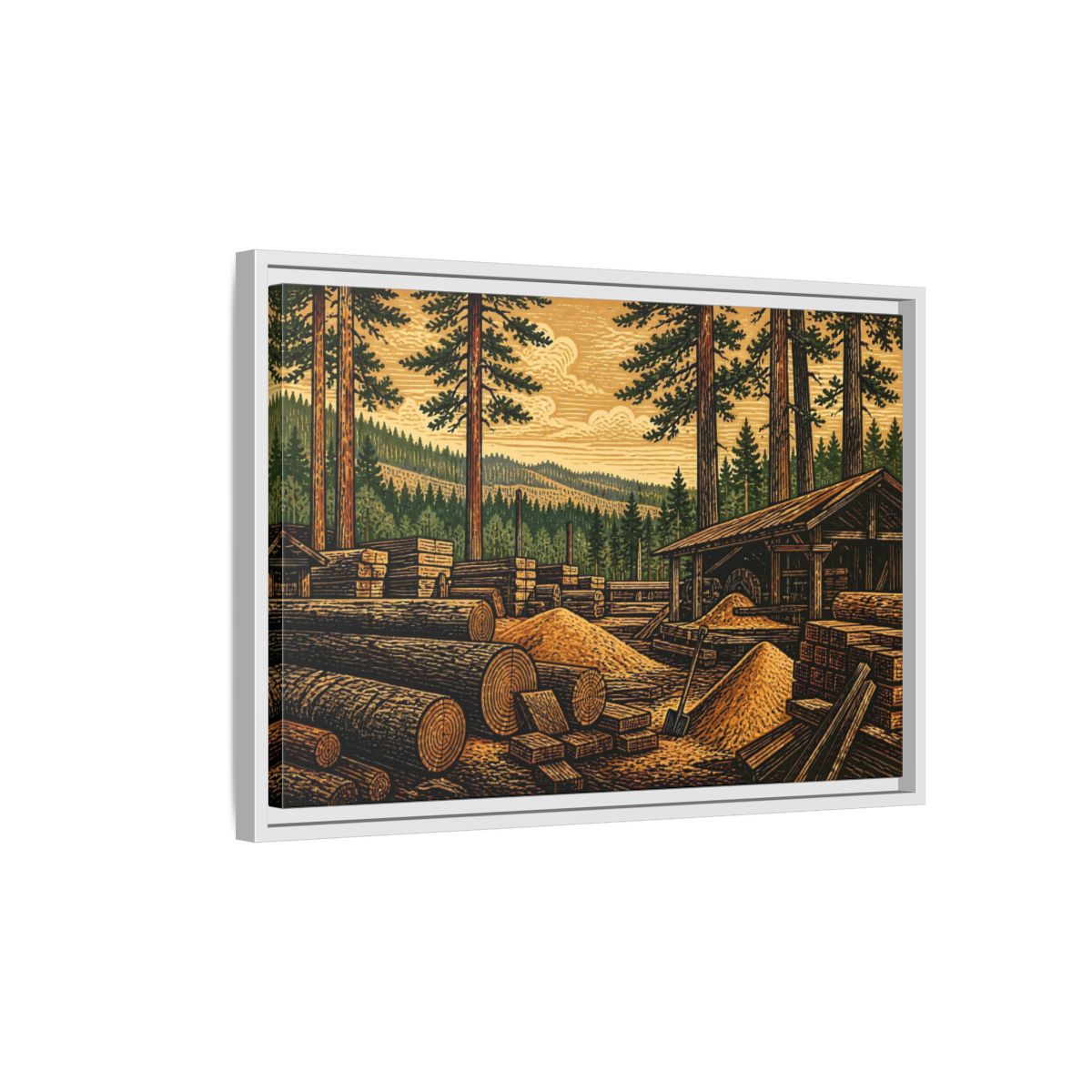 Side Mockup 1. Sawmill Among Tall Pines shown as framed canvas print
