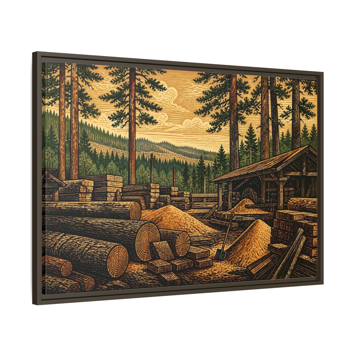 Main Mockup. Sawmill Among Tall Pines shown as framed canvas print