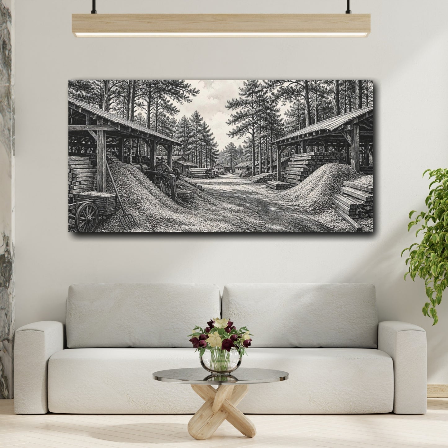 Mockup 2. Sawmill Among Tall Pines shown as canvas print