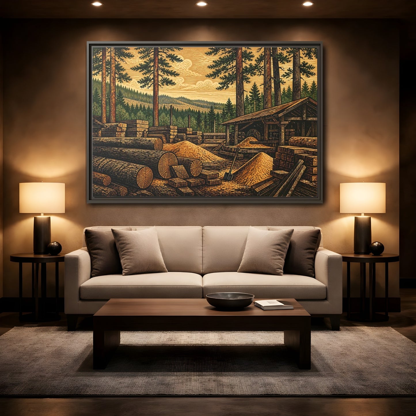 Mockup 2. Sawmill Among Tall Pines shown as framed canvas print
