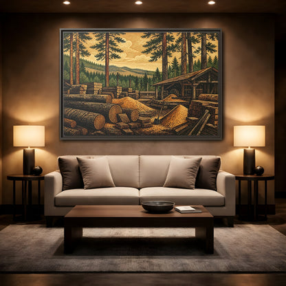Mockup 2. Sawmill Among Tall Pines shown as framed canvas print