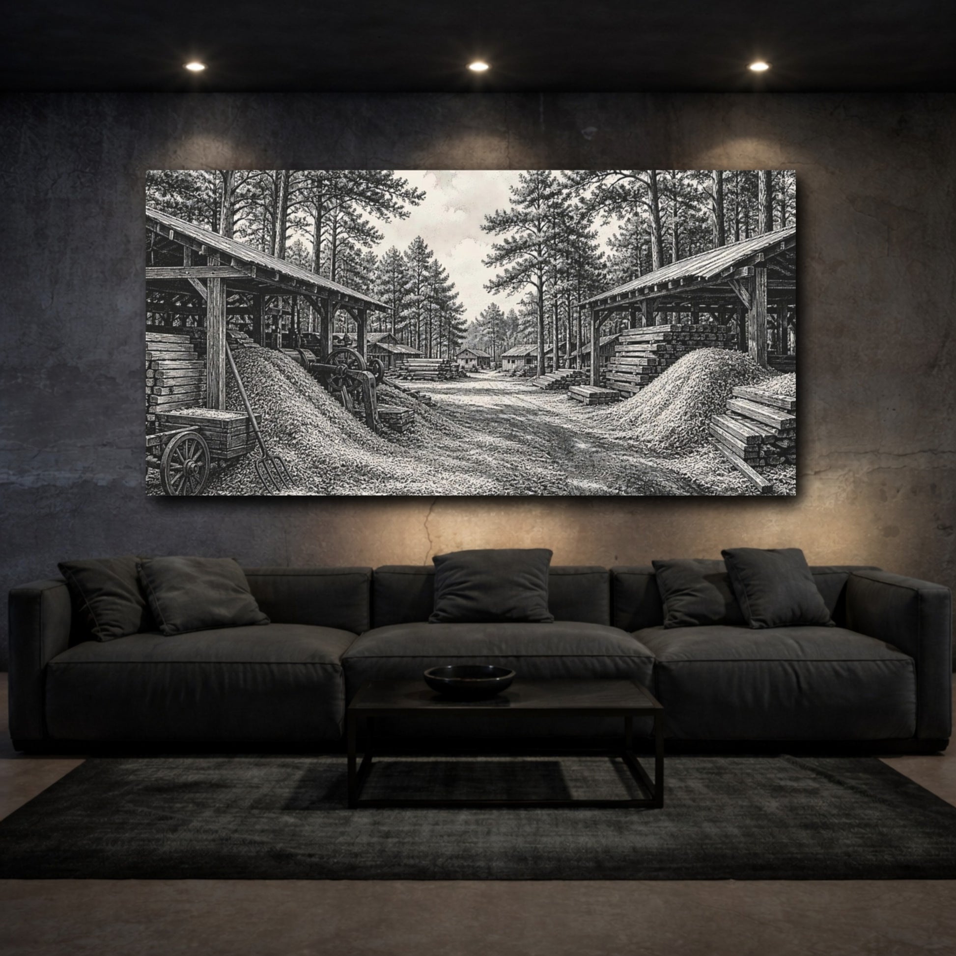 Mockup 3. Sawmill Among Tall Pines shown as canvas print