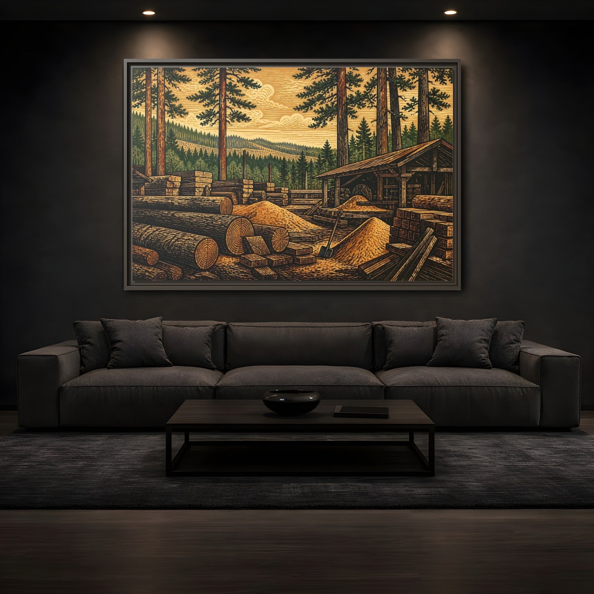 Mockup 3. Sawmill Among Tall Pines shown as framed canvas print
