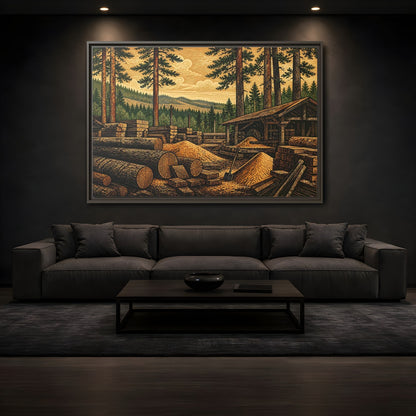 Mockup 3. Sawmill Among Tall Pines shown as framed canvas print