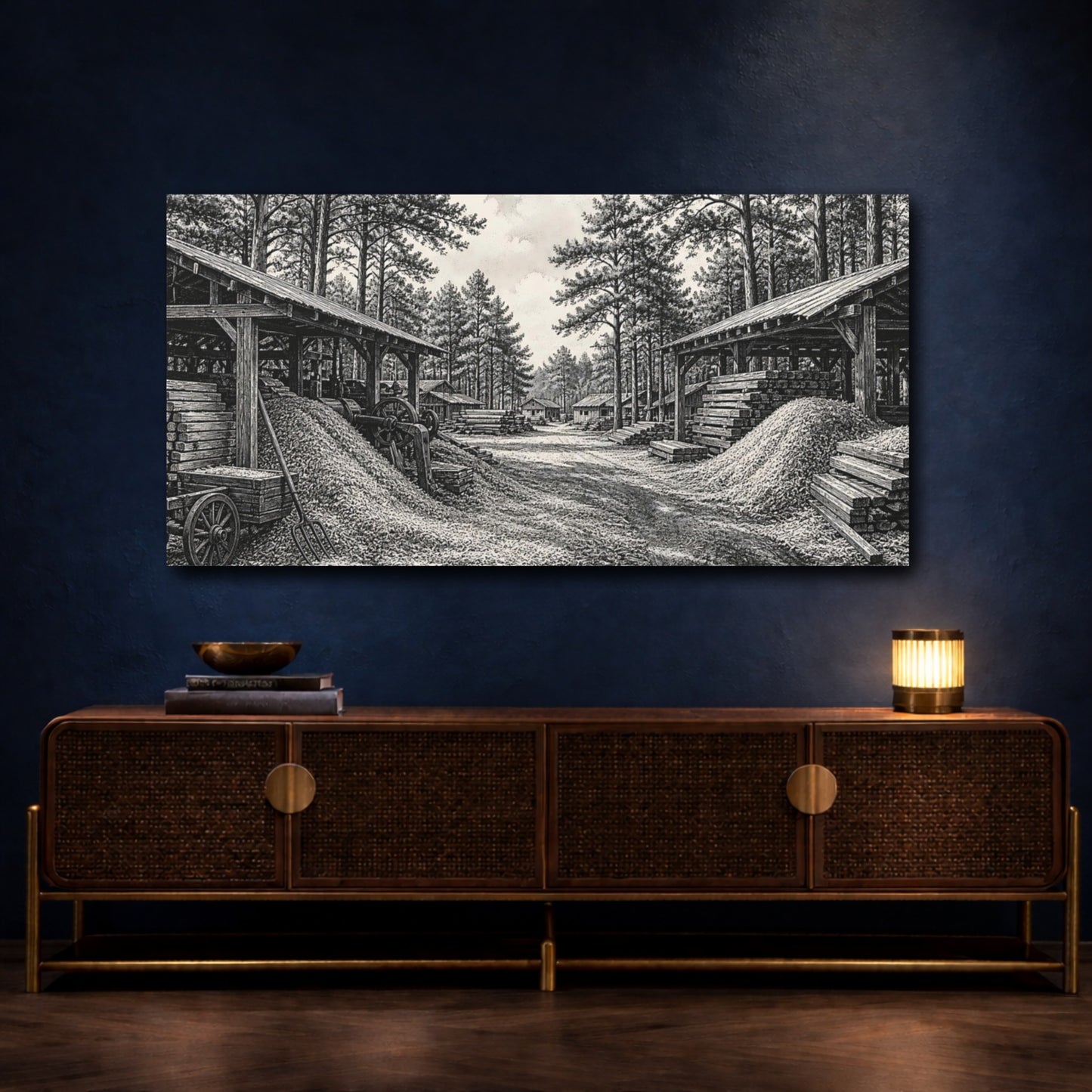 Mockup 4. Sawmill Among Tall Pines shown as canvas print