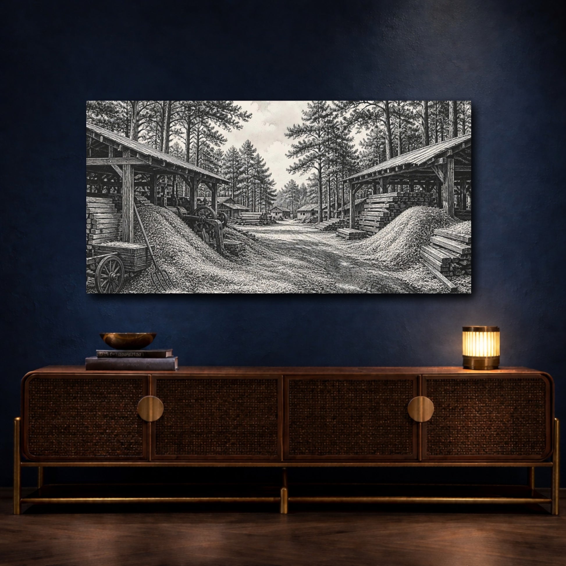 Mockup 4. Sawmill Among Tall Pines shown as canvas print
