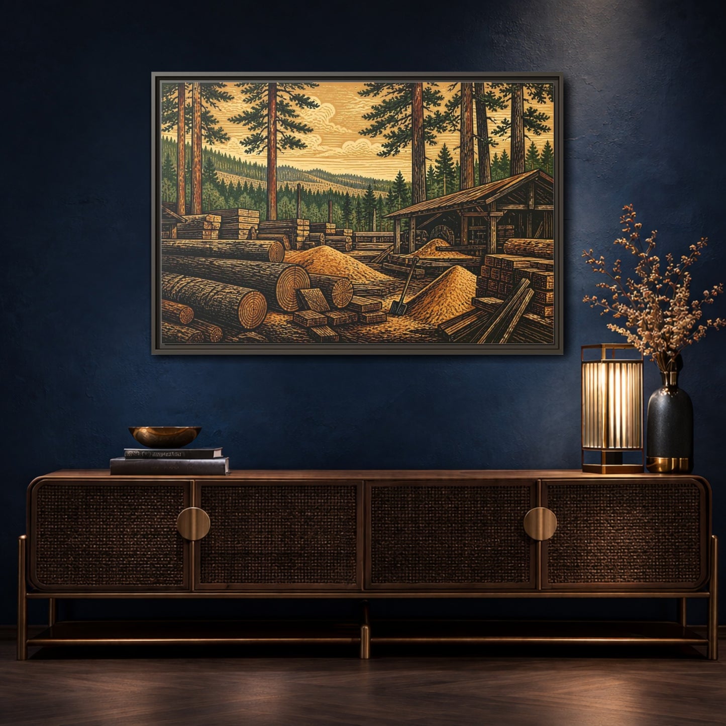 Mockup 4. Sawmill Among Tall Pines shown as framed canvas print