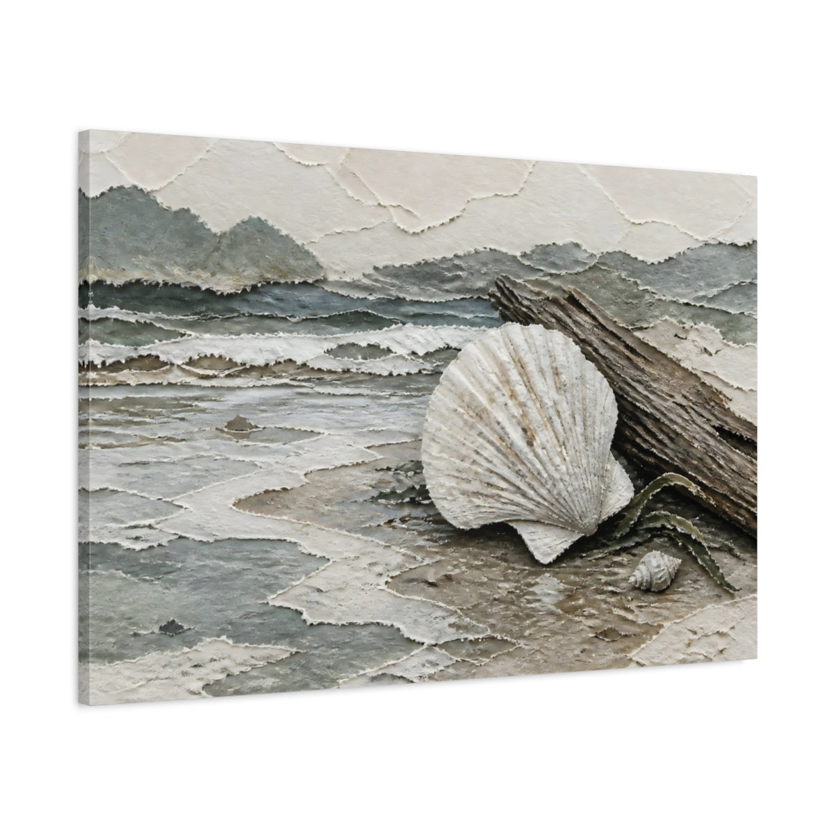 Main Mockup. Scallop Shell On Driftwood shown as canvas print