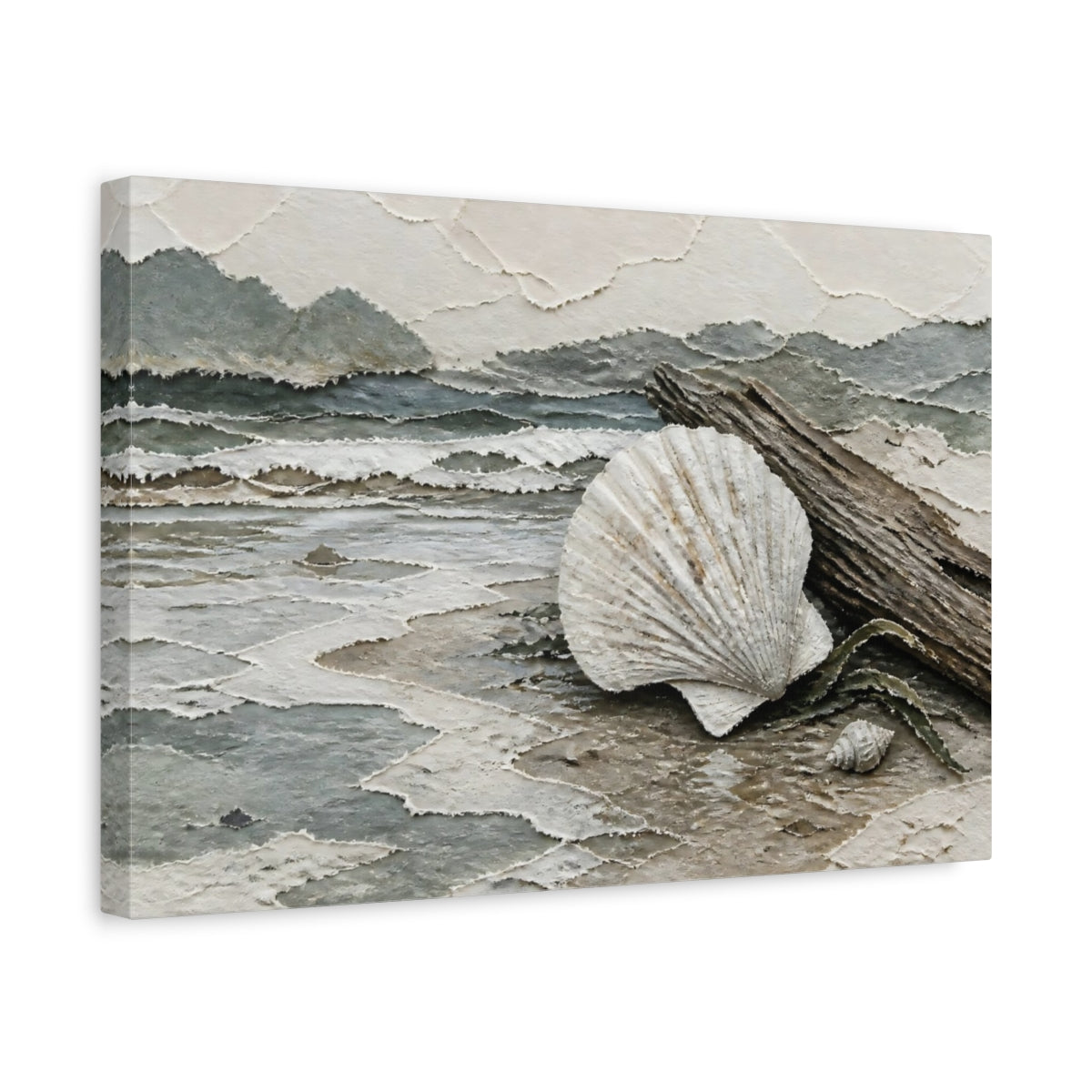 Side Mockup 4. Scallop Shell On Driftwood shown as canvas print