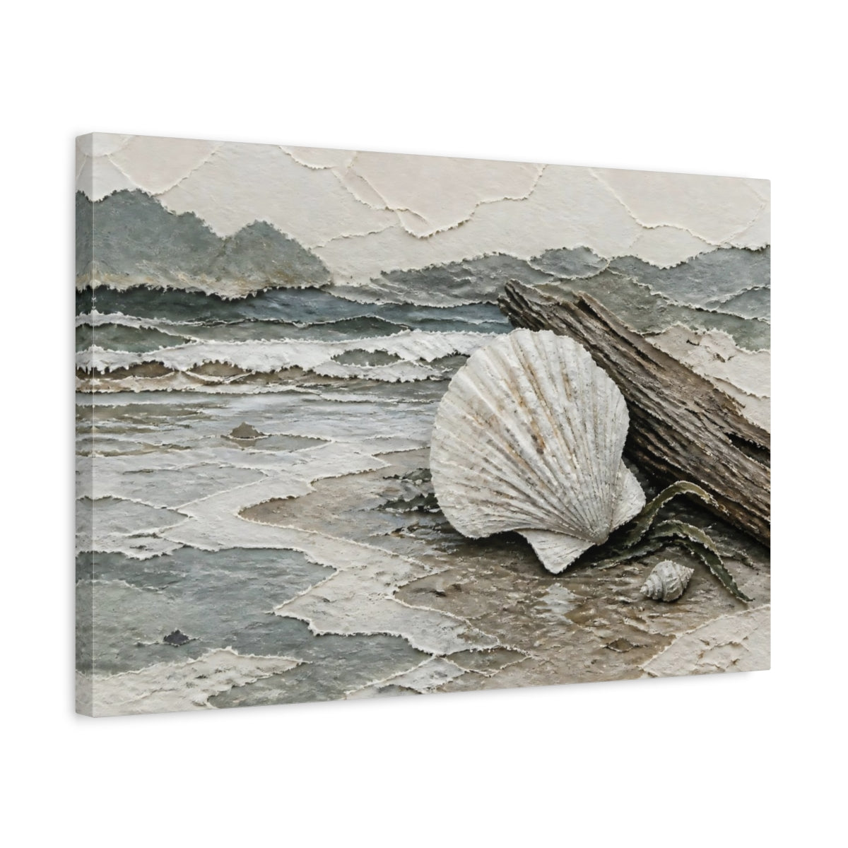 Side Mockup 3. Scallop Shell On Driftwood shown as canvas print