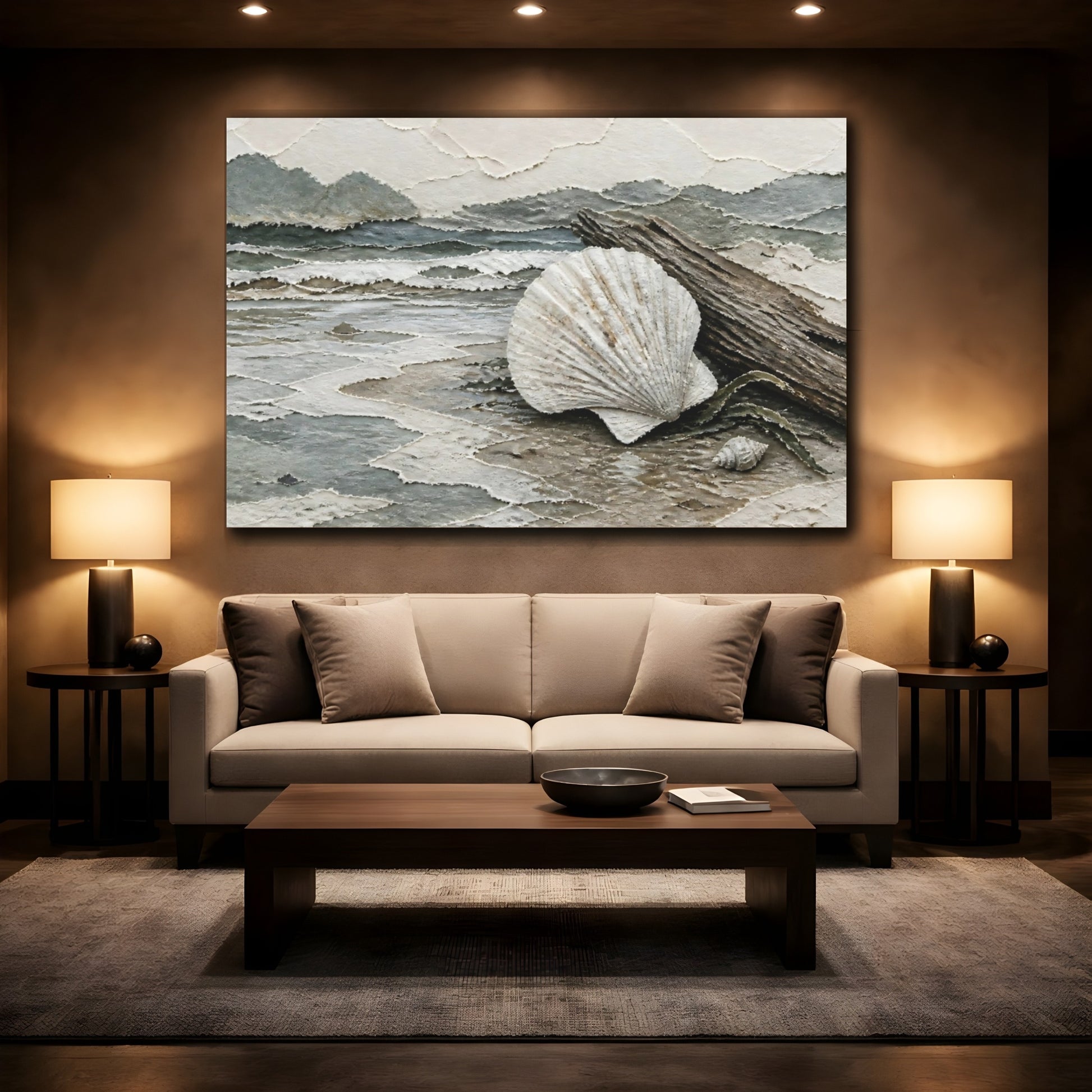 Mockup 2. Scallop Shell On Driftwood shown as canvas print