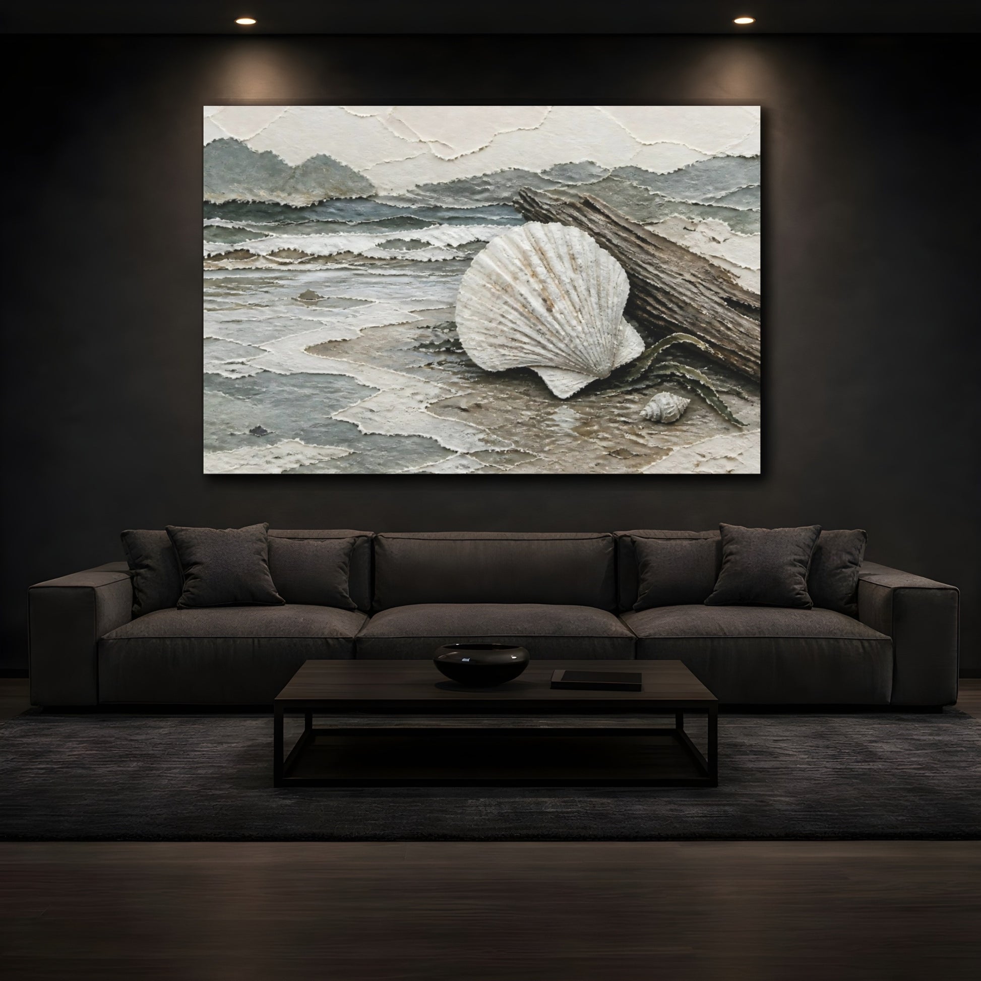 Mockup 3. Scallop Shell On Driftwood shown as canvas print
